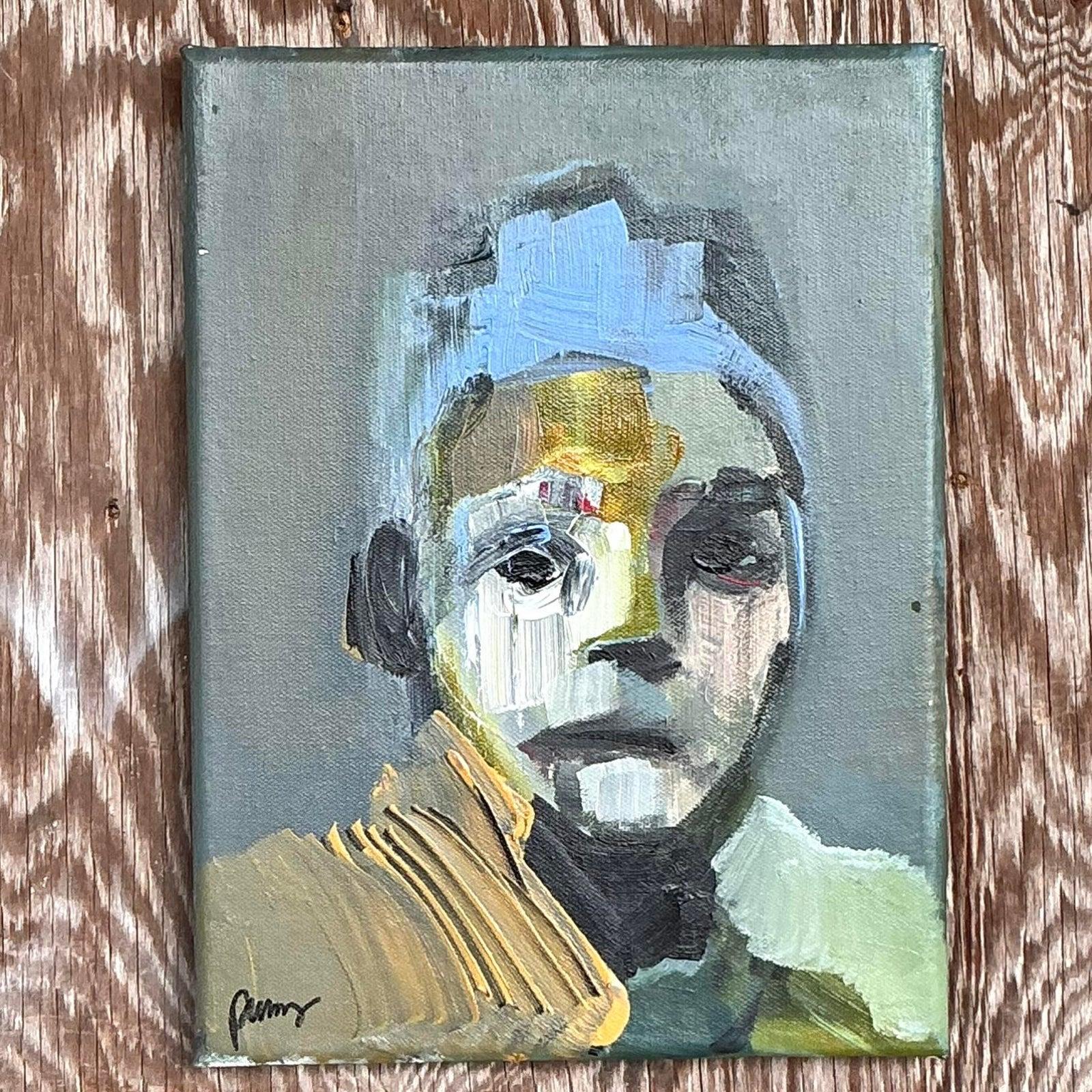 Américain Portrait figuratif abstrait original de Boho sur toile en vente