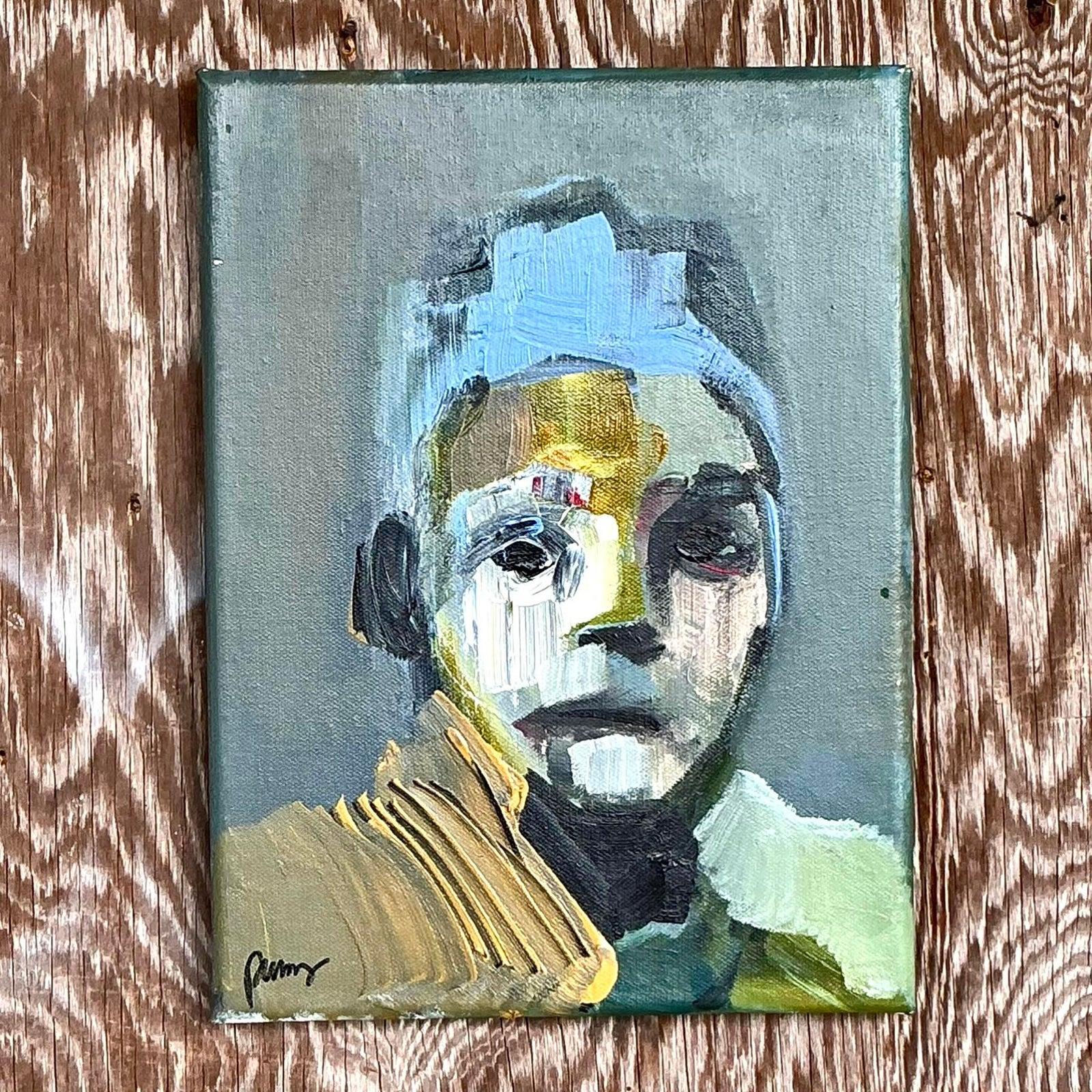 Portrait figuratif abstrait original de Boho sur toile Bon état - En vente à West Palm Beach, FL