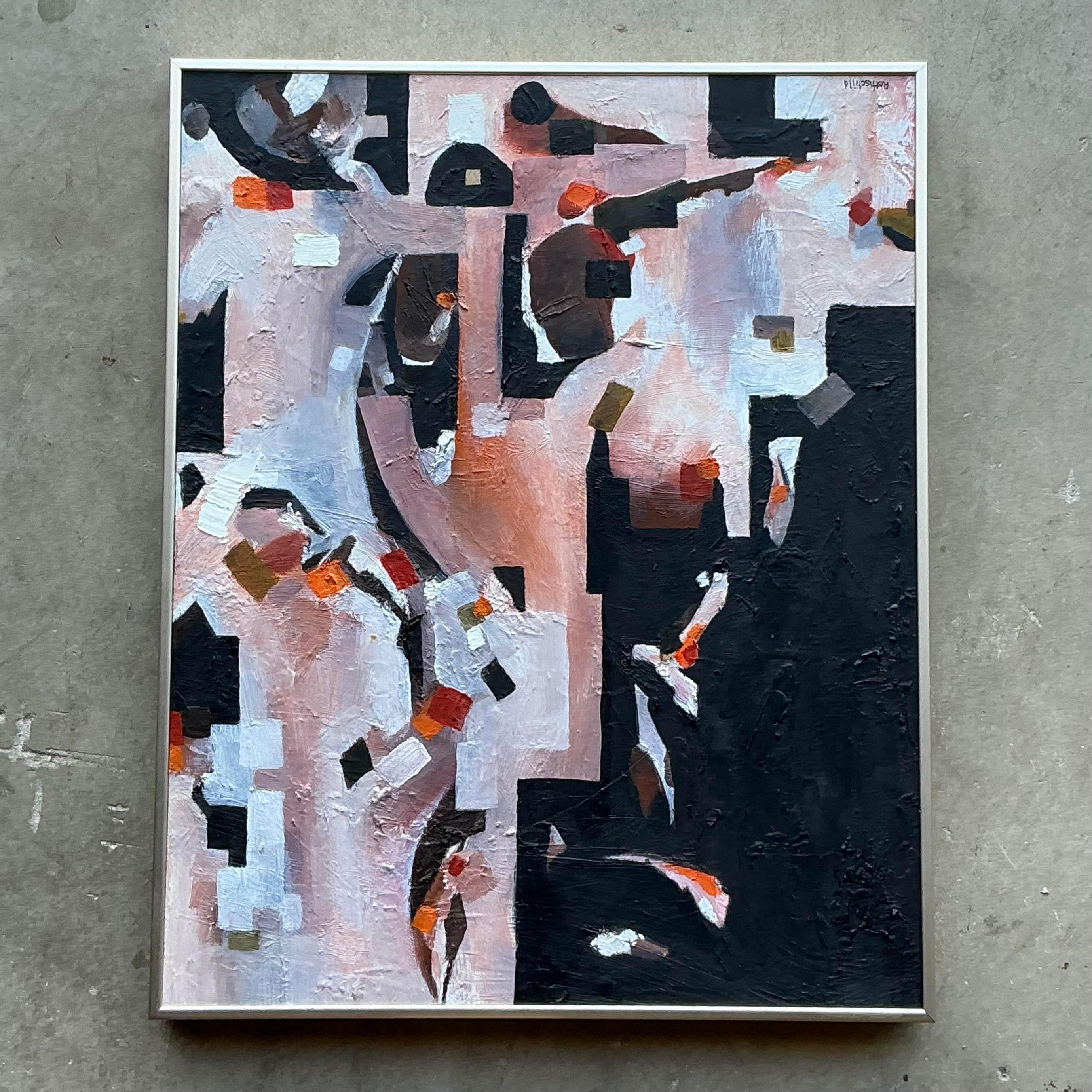 Infondi nel tuo spazio un'energia dinamica con questo olio geometrico astratto originale su tavola Vintage Boho. Caratterizzata da forme audaci e colori vivaci, questa opera d'arte unica aggiunge un tocco di modernità americana a qualsiasi