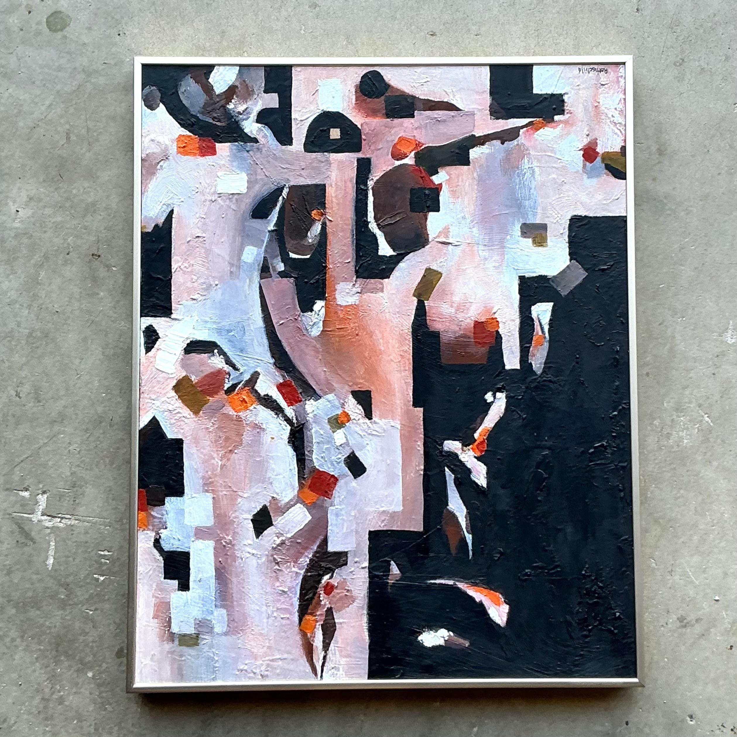 XX secolo Pittura a olio su tavola originale astratta geometrica vintage Boho in vendita