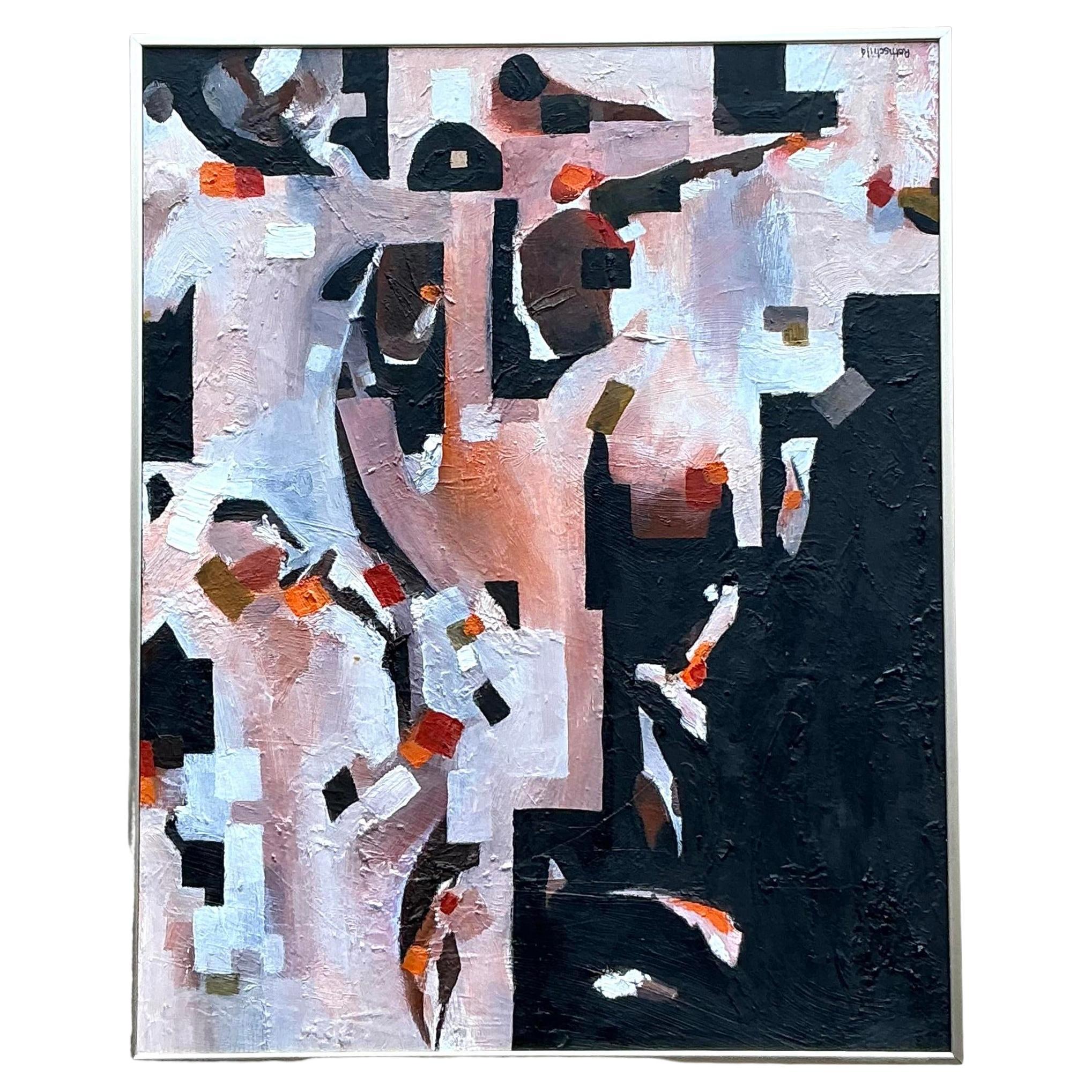 Vintage Boho Pintura al óleo geométrica abstracta original sobre tabla