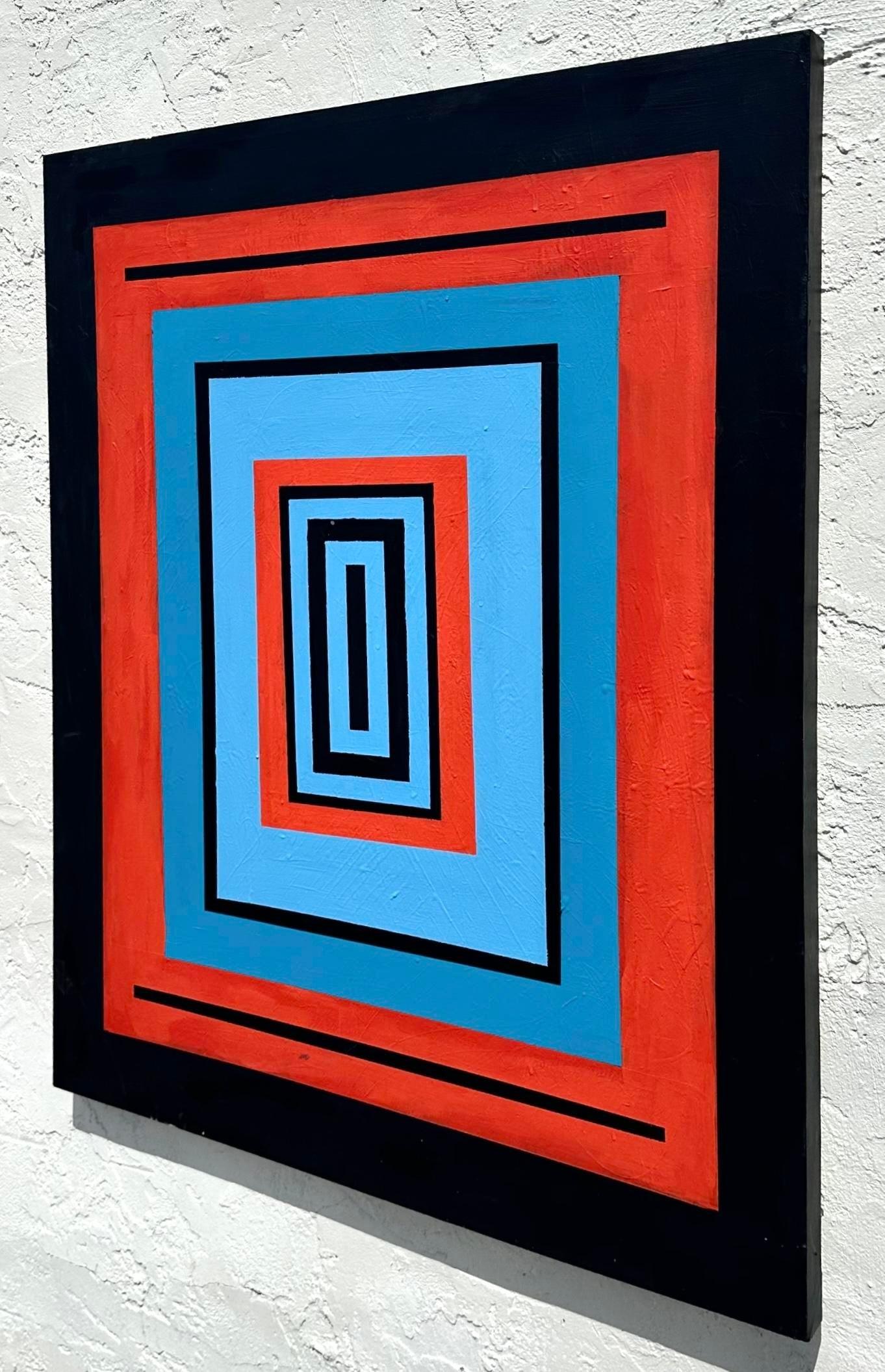 Fangen Sie die Essenz der künstlerischen Freiheit mit unserem Vintage Boho Original Abstrakt Geometrisch auf Leinwand ein. Dieses in den USA handgefertigte, fesselnde Kunstwerk verbindet nahtlos böhmische Inspiration mit amerikanischem