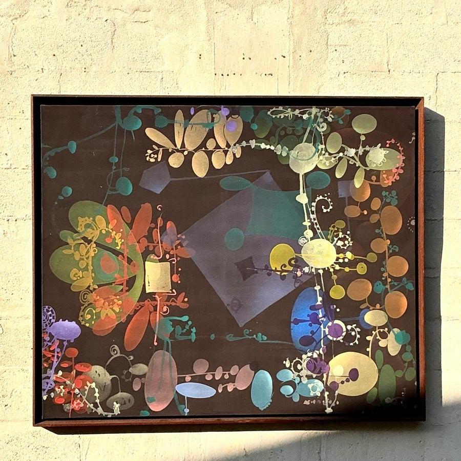 Originales abstraktes geometrisches Vintage Boho-Gemälde auf Leinwand, Vintage im Zustand „Gut“ im Angebot in West Palm Beach, FL
