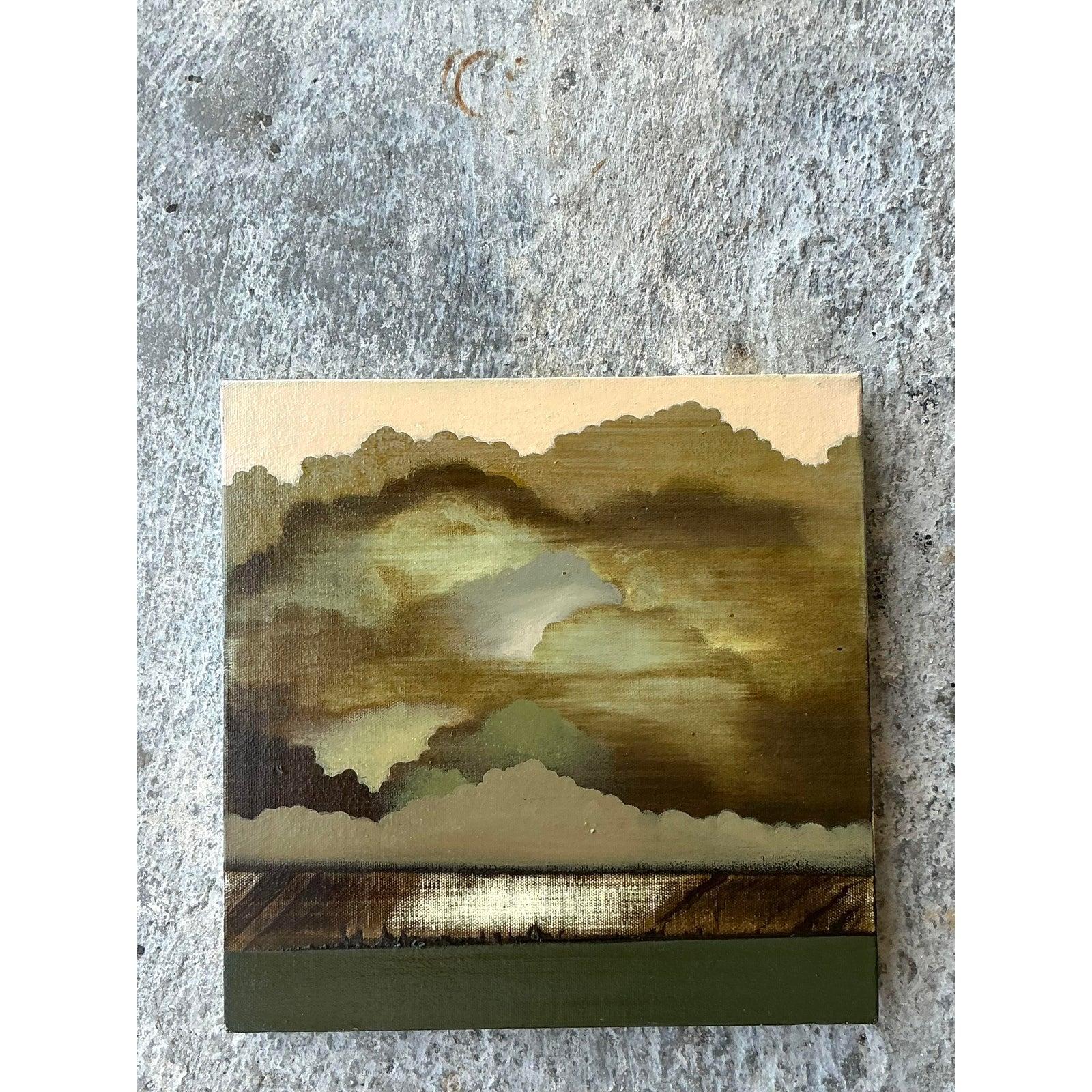Halten Sie die stille Schönheit der Natur mit diesem stimmungsvollen, abstrakten Ölgemälde fest. Dieses auf Leinwand [oder Karton - bitte angeben, falls bekannt] gemalte Vintage-Stück interpretiert auf wunderbare Weise eine atmosphärische Szene mit