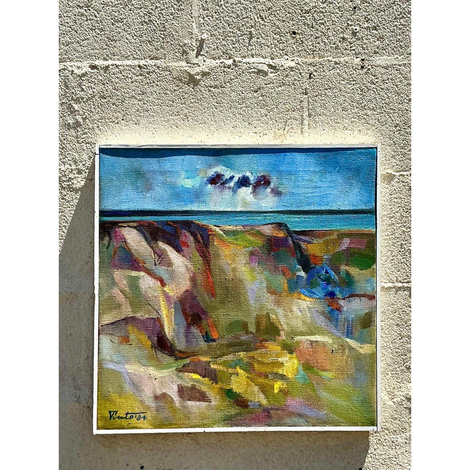 Entdecken Sie eine einzigartige Perspektive mit diesem abstrakten Boho-Landschaftsbild im Vintage-Stil. Dieses Original auf Leinwand zeigt eine fesselnde Komposition mit einem stimmungsvollen blauen Himmelshorizont, der auf einen dynamischen,