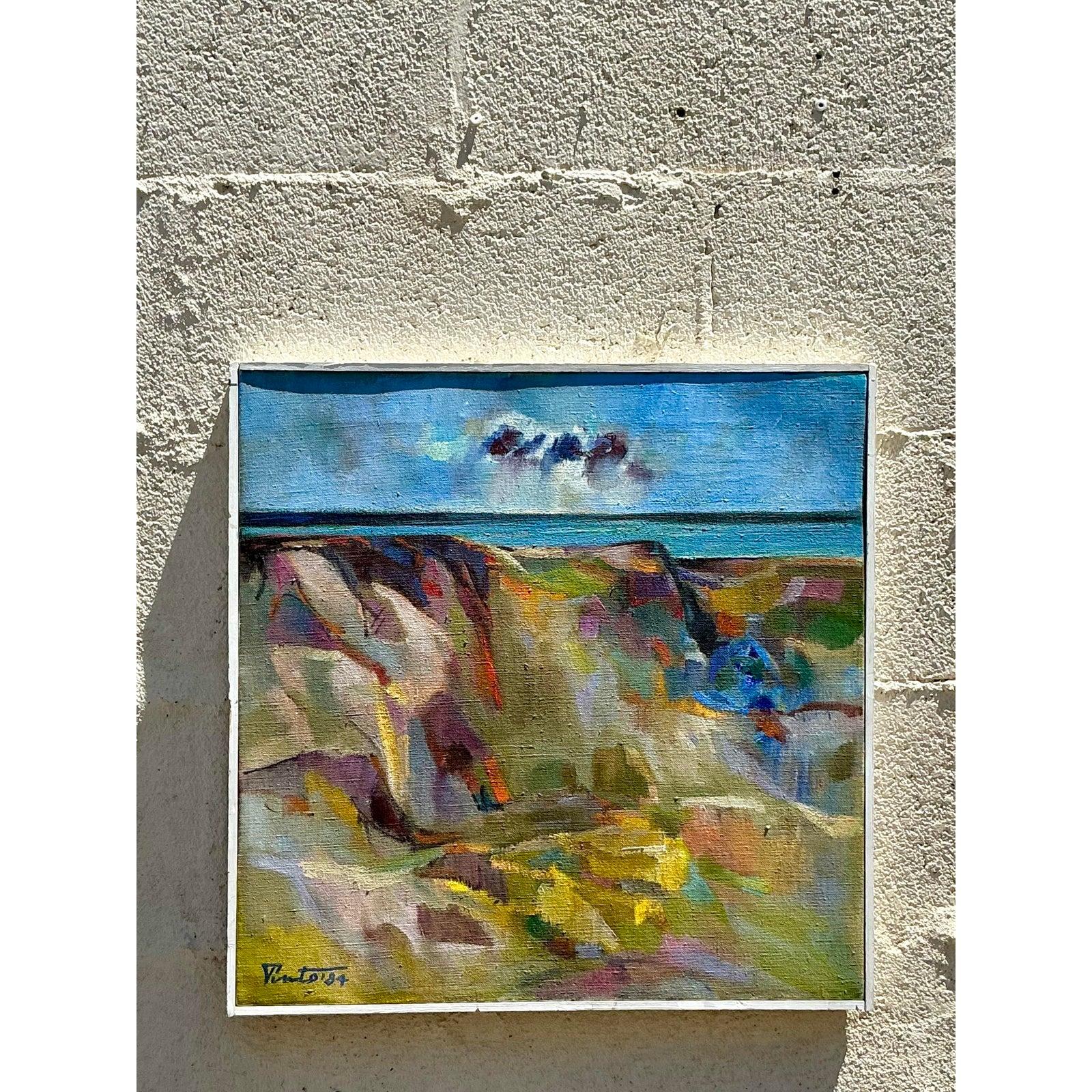 Original abstrakte Vintage Boho-Landschaft auf Leinwand, Vintage (Moderne) im Angebot