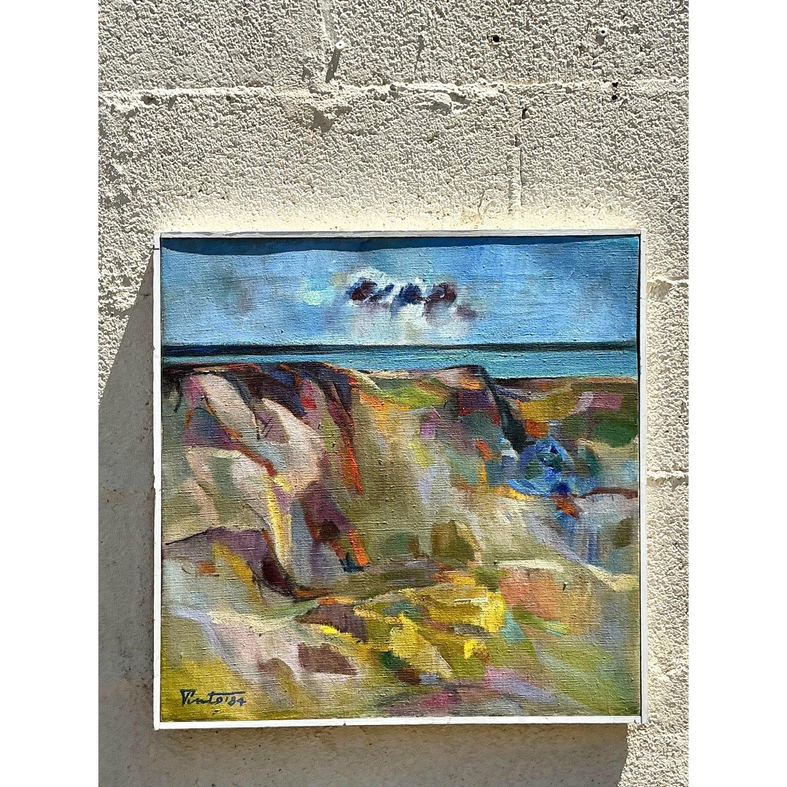 Original abstrakte Vintage Boho-Landschaft auf Leinwand, Vintage (amerikanisch) im Angebot