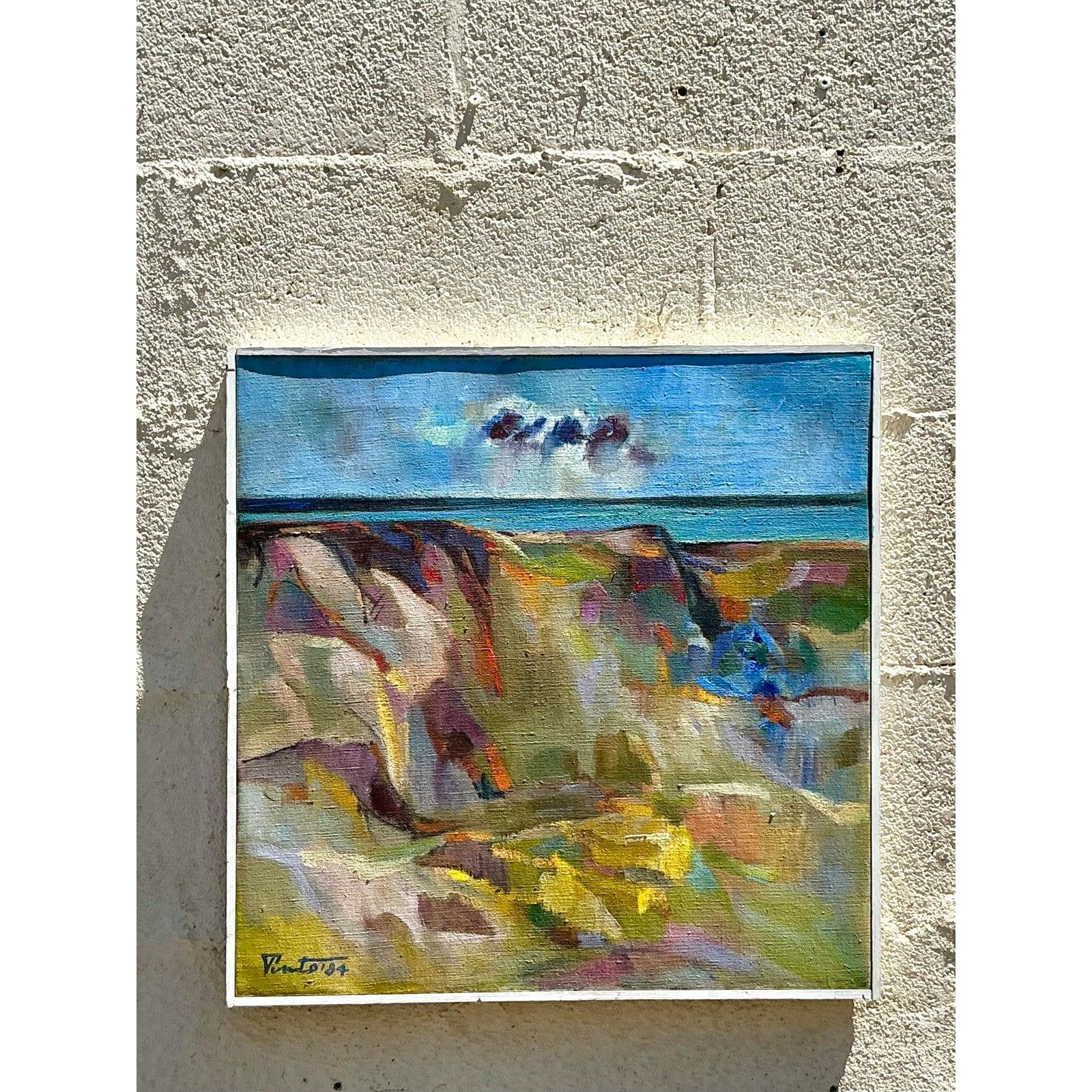 Original abstrakte Vintage Boho-Landschaft auf Leinwand, Vintage im Zustand „Gut“ im Angebot in West Palm Beach, FL