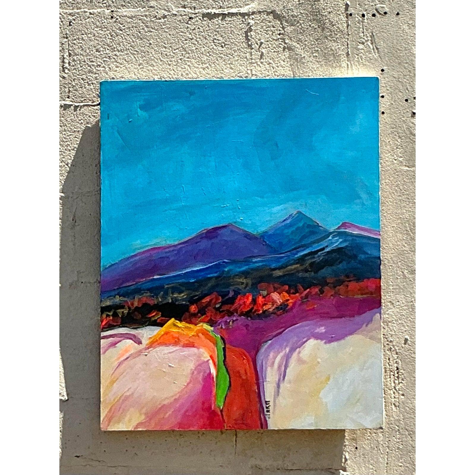 Vintage Boho Original abstrakte Landschaft Gemälde auf Leinwand im Angebot 5