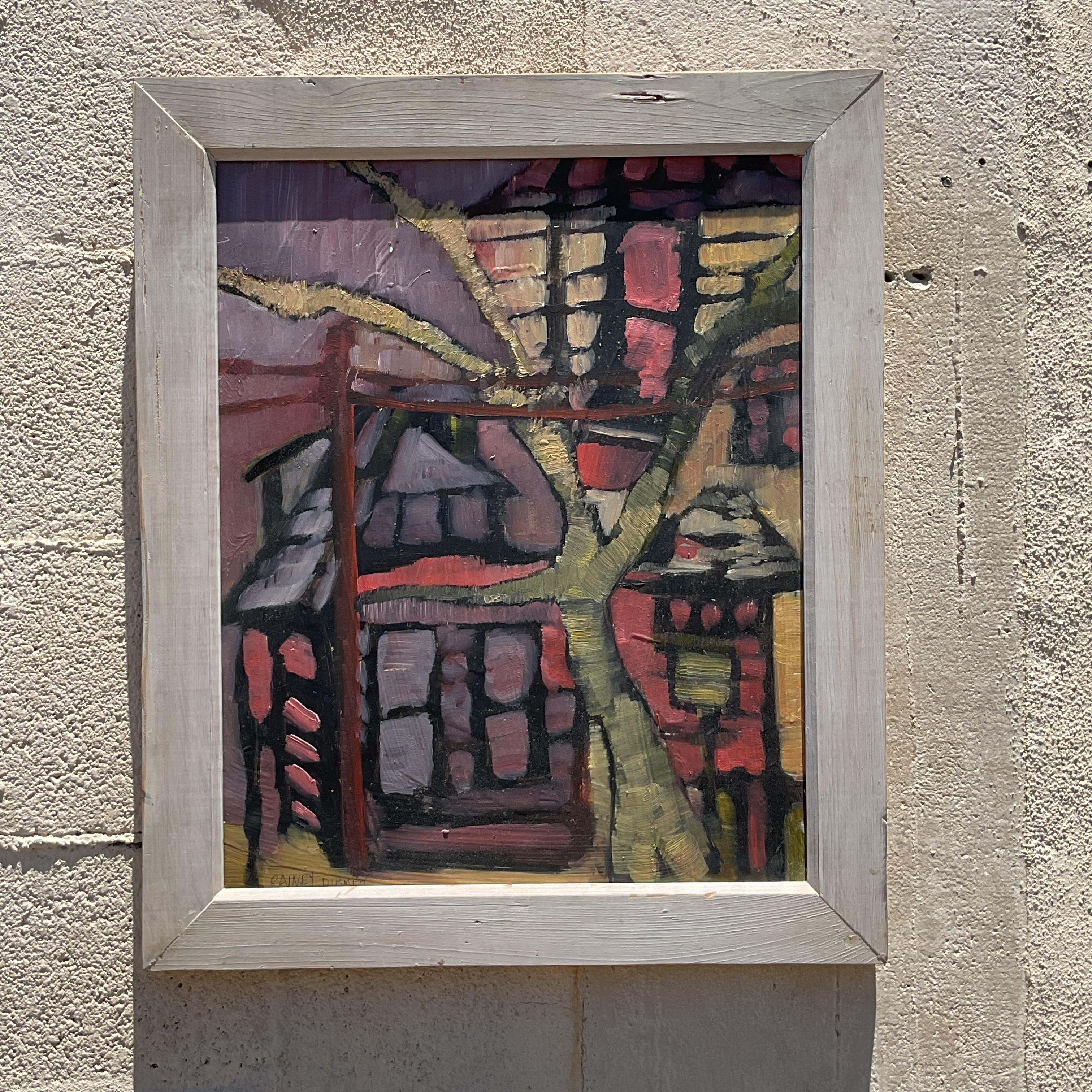 Entdecken Sie die gefühlvolle Anziehungskraft des amerikanischen Boho mit dieser abstrakten Vintage-Landschaft auf Leinwand. Die mit künstlerischer Freiheit handgefertigte, fesselnde Mischung aus Farben und Formen fängt das Wesen der Schönheit der
