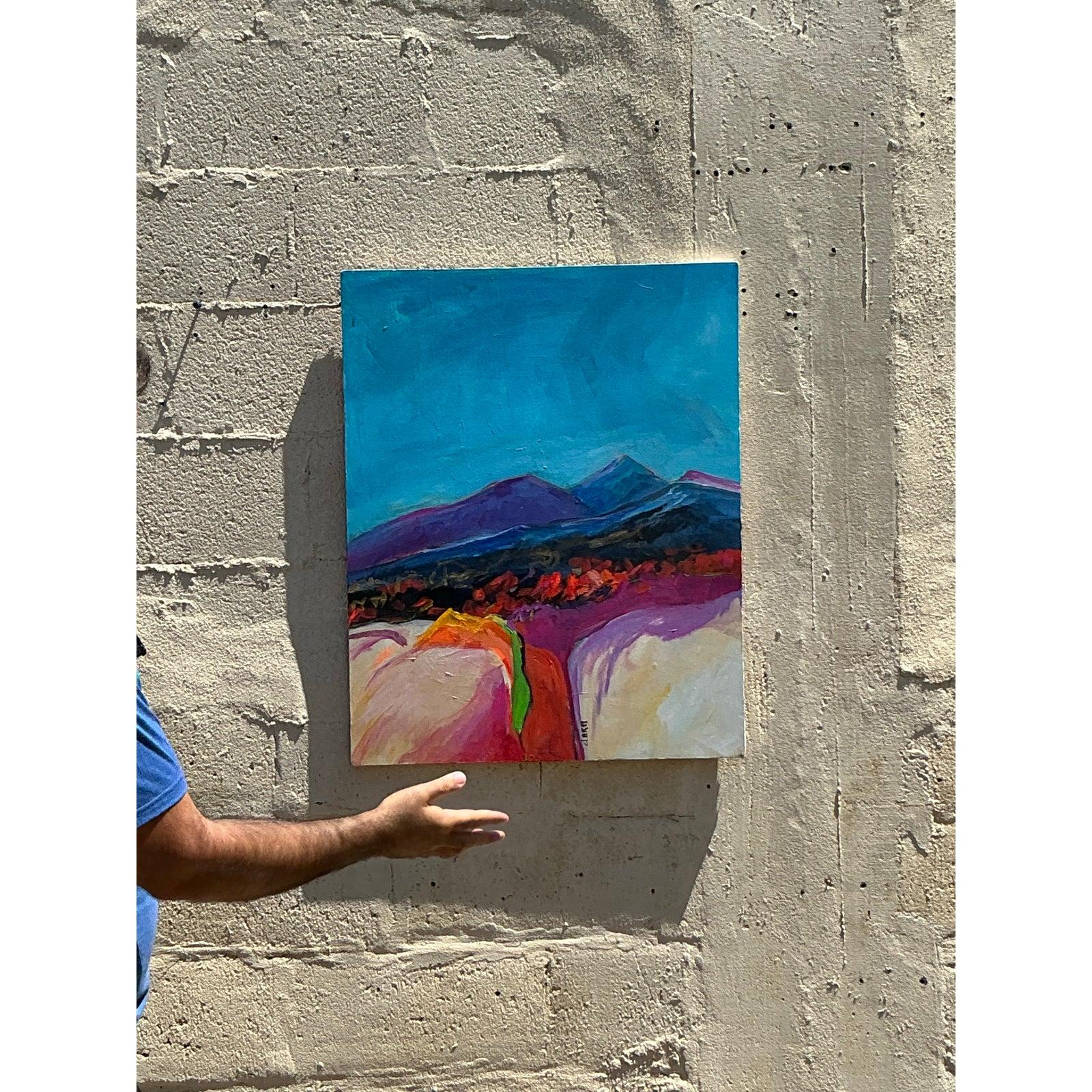 Tauchen Sie ein in die verträumten Farben dieses abstrakten Boho-Landschaftsbildes im Vintage-Stil. Dieses Original auf Leinwand zeigt eine wunderbare Balance zwischen einem ruhigen Himmelblau und lebendigen, warmen Tönen, die sanfte Hügel und ferne