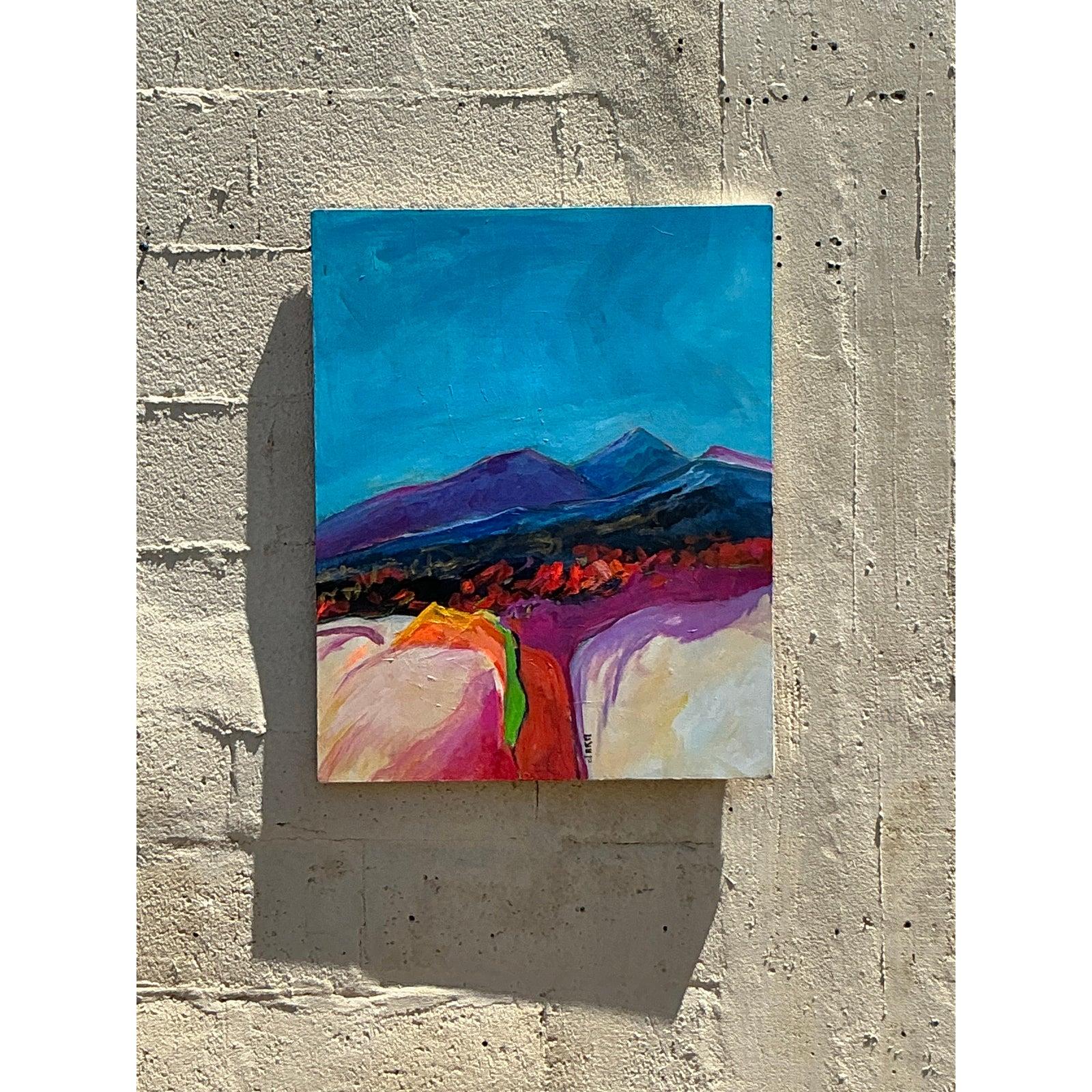 Vintage Boho Original abstrakte Landschaft Gemälde auf Leinwand (amerikanisch) im Angebot