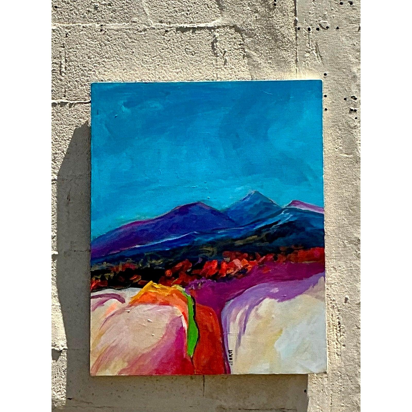 Vintage Boho Original abstrakte Landschaft Gemälde auf Leinwand im Zustand „Gut“ im Angebot in west palm beach, FL