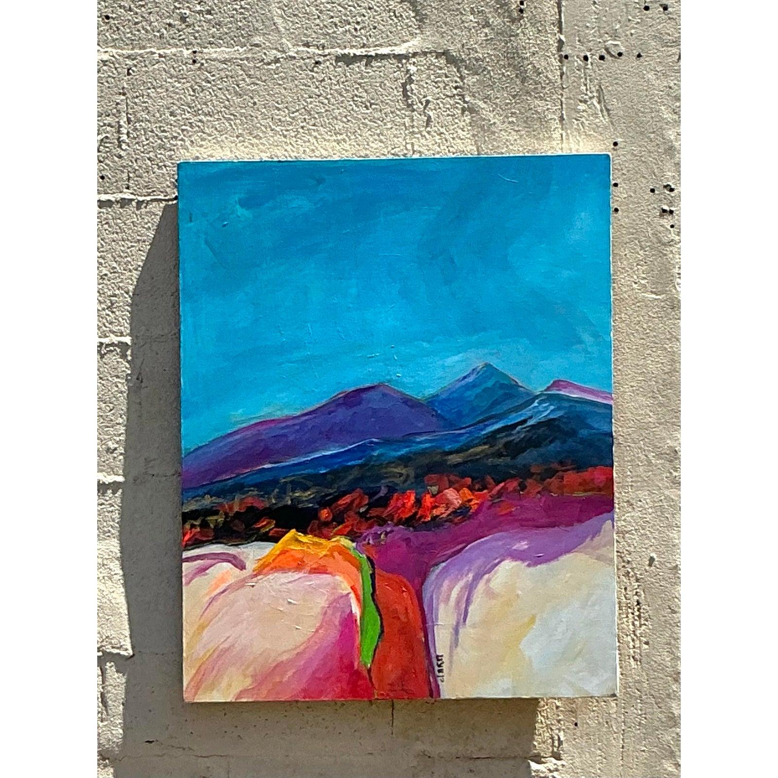 Vintage Boho Original abstrakte Landschaft Gemälde auf Leinwand (20. Jahrhundert) im Angebot