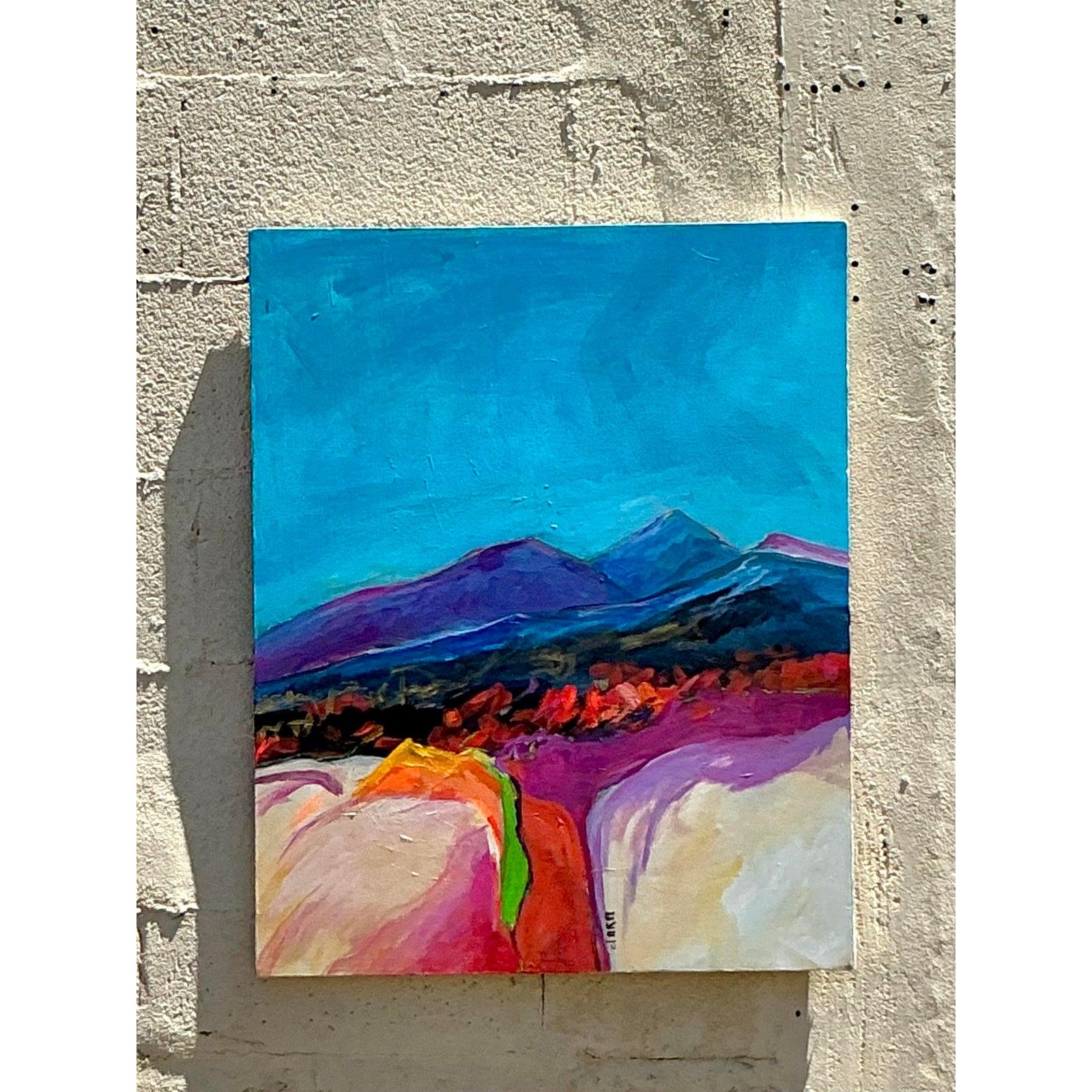 Vintage Boho Original abstrakte Landschaft Gemälde auf Leinwand im Angebot 2