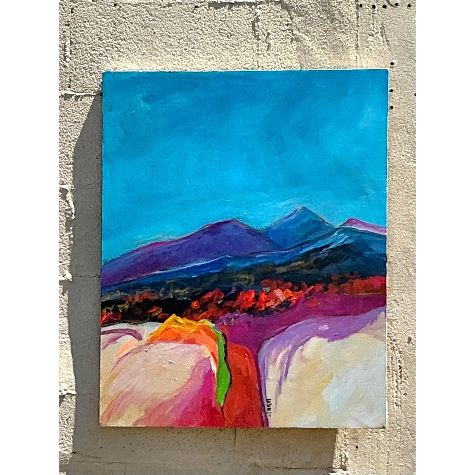 Vintage Boho Original abstrakte Landschaft Gemälde auf Leinwand im Angebot 4