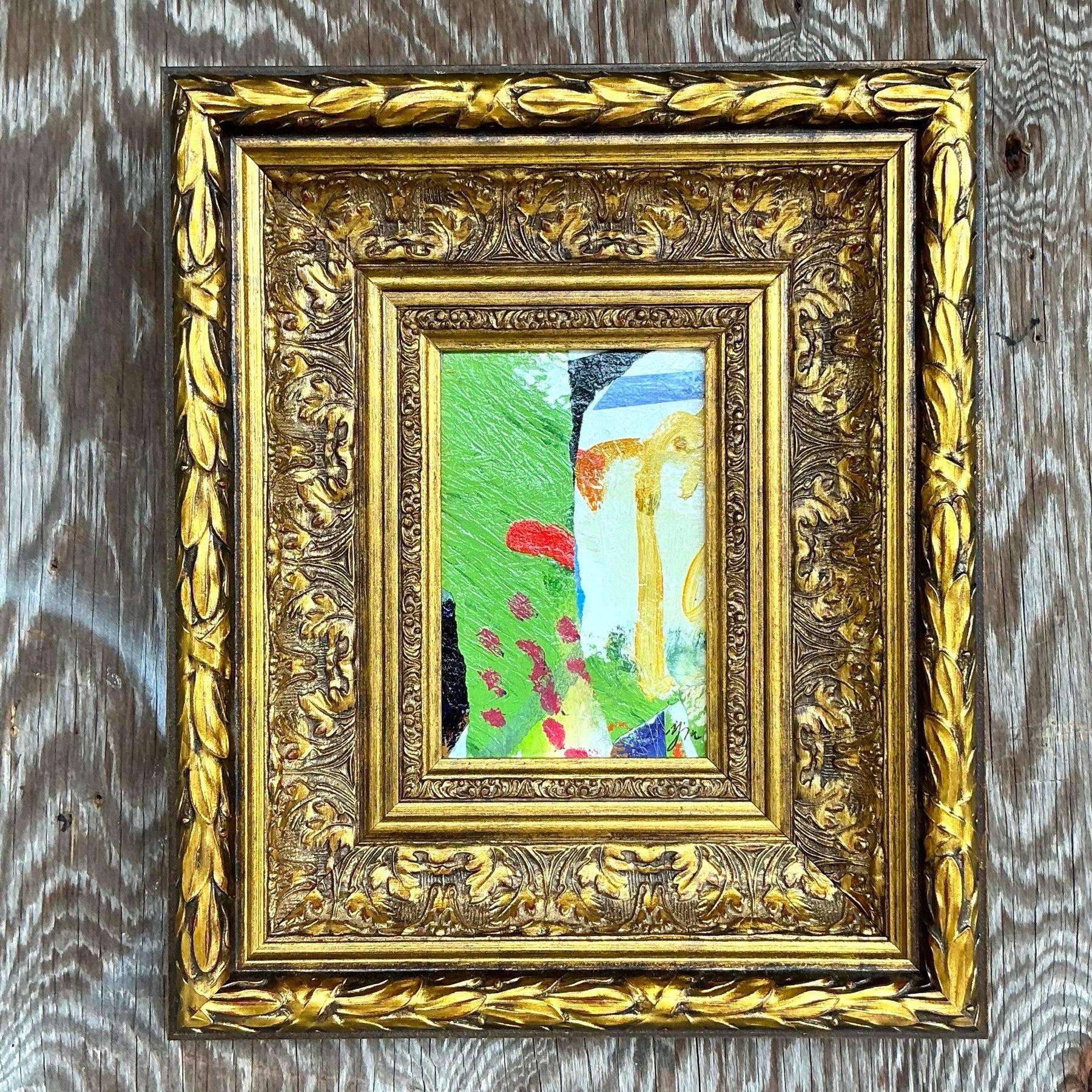 Bringen Sie kühne Energie in Ihren Raum mit diesem originalen abstrakten Ölgemälde im Boho-Stil auf Karton. Mit dynamischen Pinselstrichen und satten, erdigen Tönen fängt dieses einzigartige Kunstwerk die freigeistige Essenz des Bohème-Stils ein.