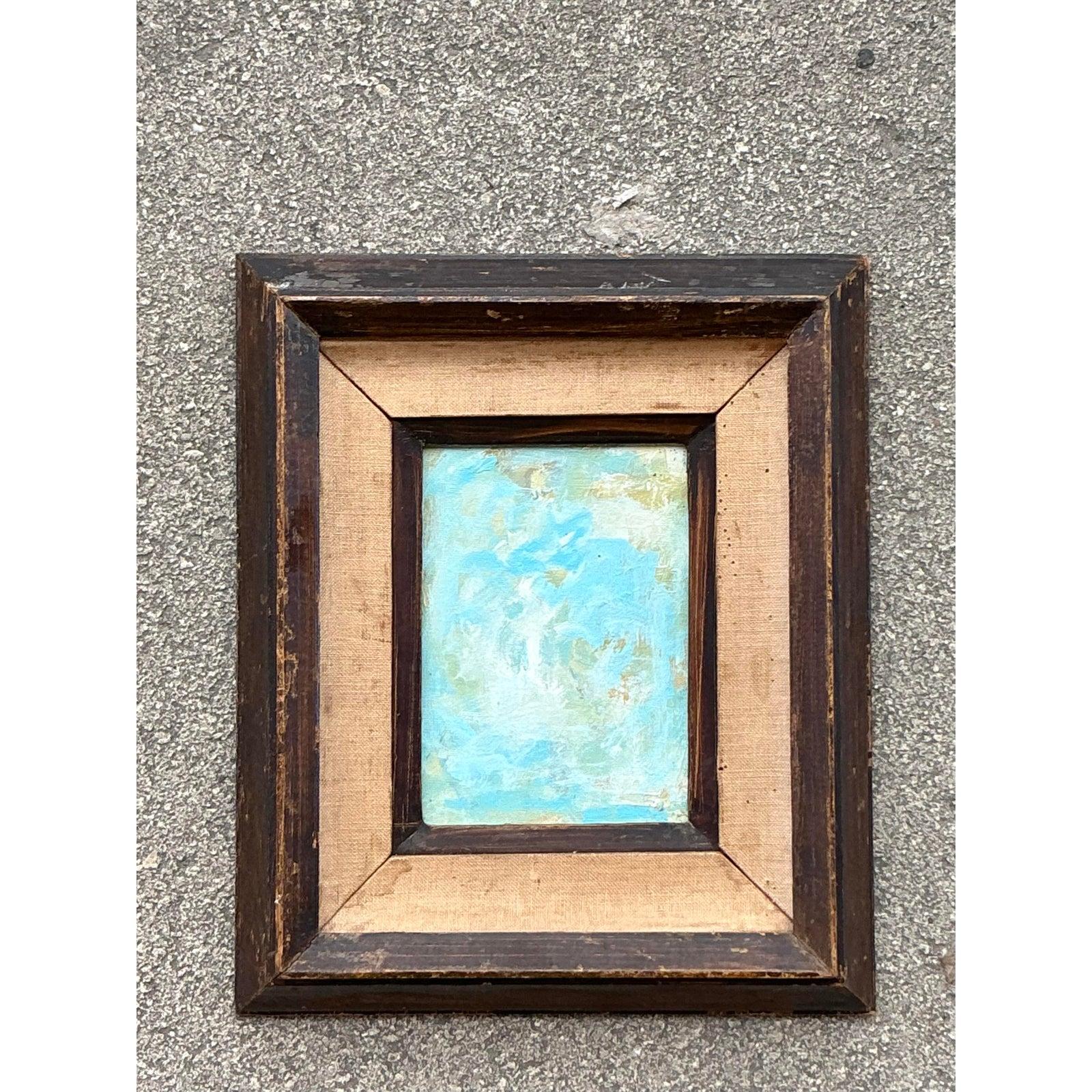 Halten Sie mit diesem schönen abstrakten Ölgemälde im Vintage-Stil einen Moment der Ruhe und Besinnung fest. Dieses originelle Kunstwerk ist eine wunderbare Studie über Textur und Farbe und zeigt dick aufgetragene Impasto-Pinselstriche in ruhigen