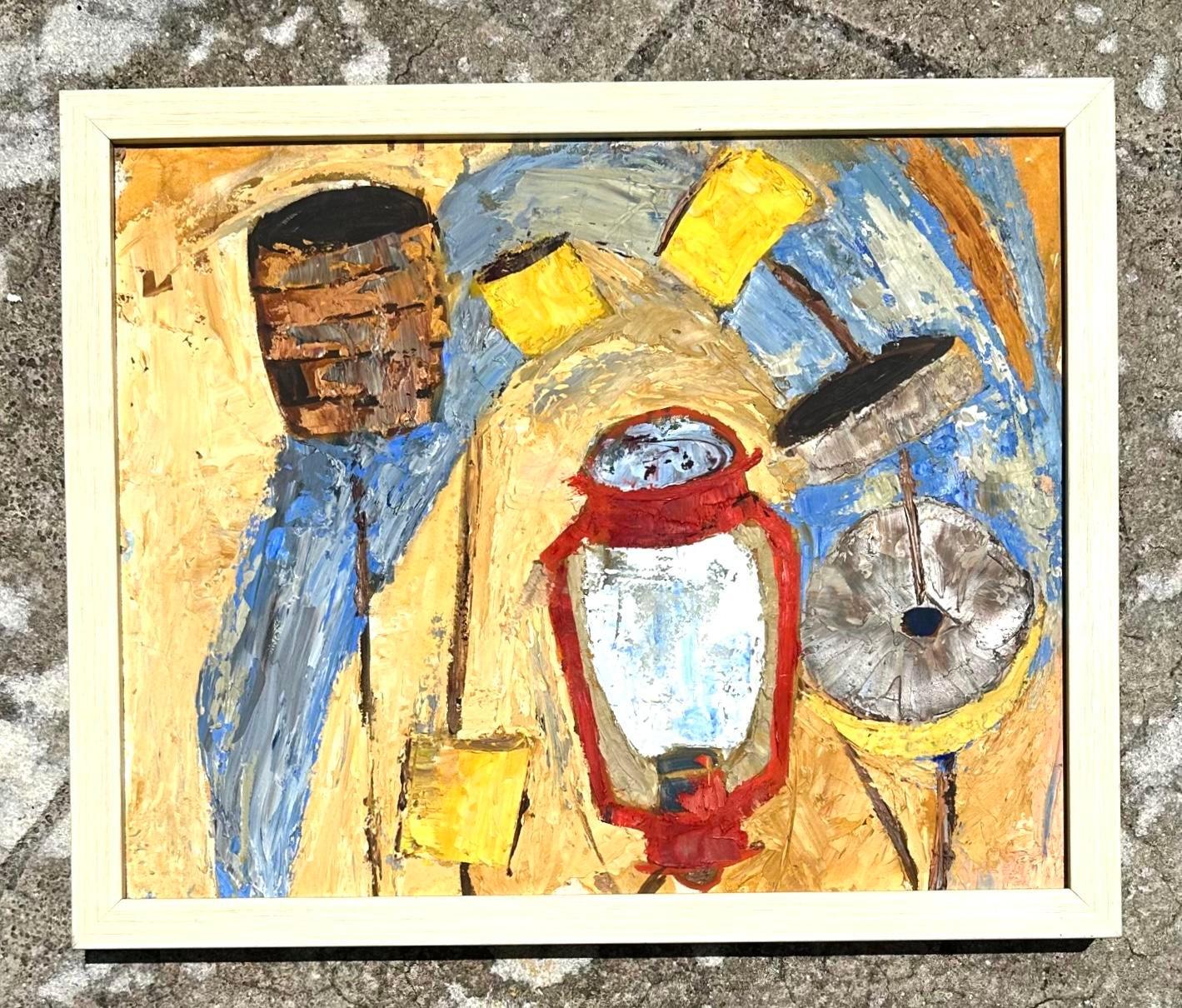 Vintage Boho Original Abstract Oil On Board