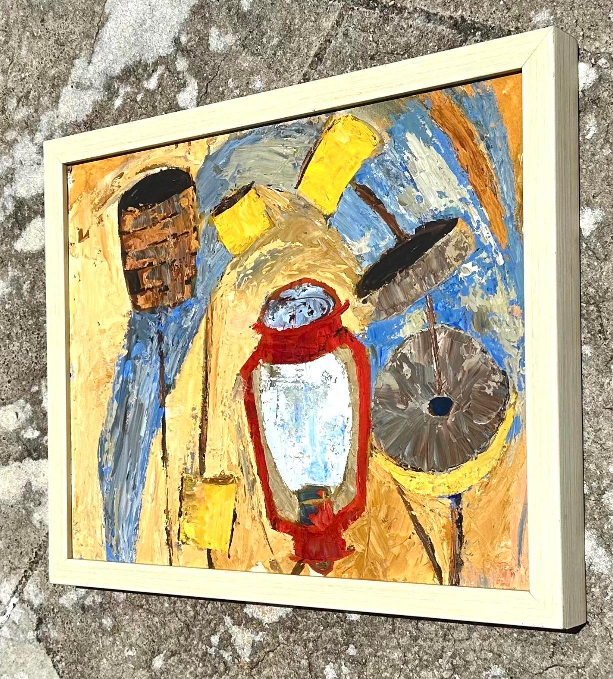 Vintage Boho Original Abstrakt Öl auf Karton Gemälde (Masonit) im Angebot