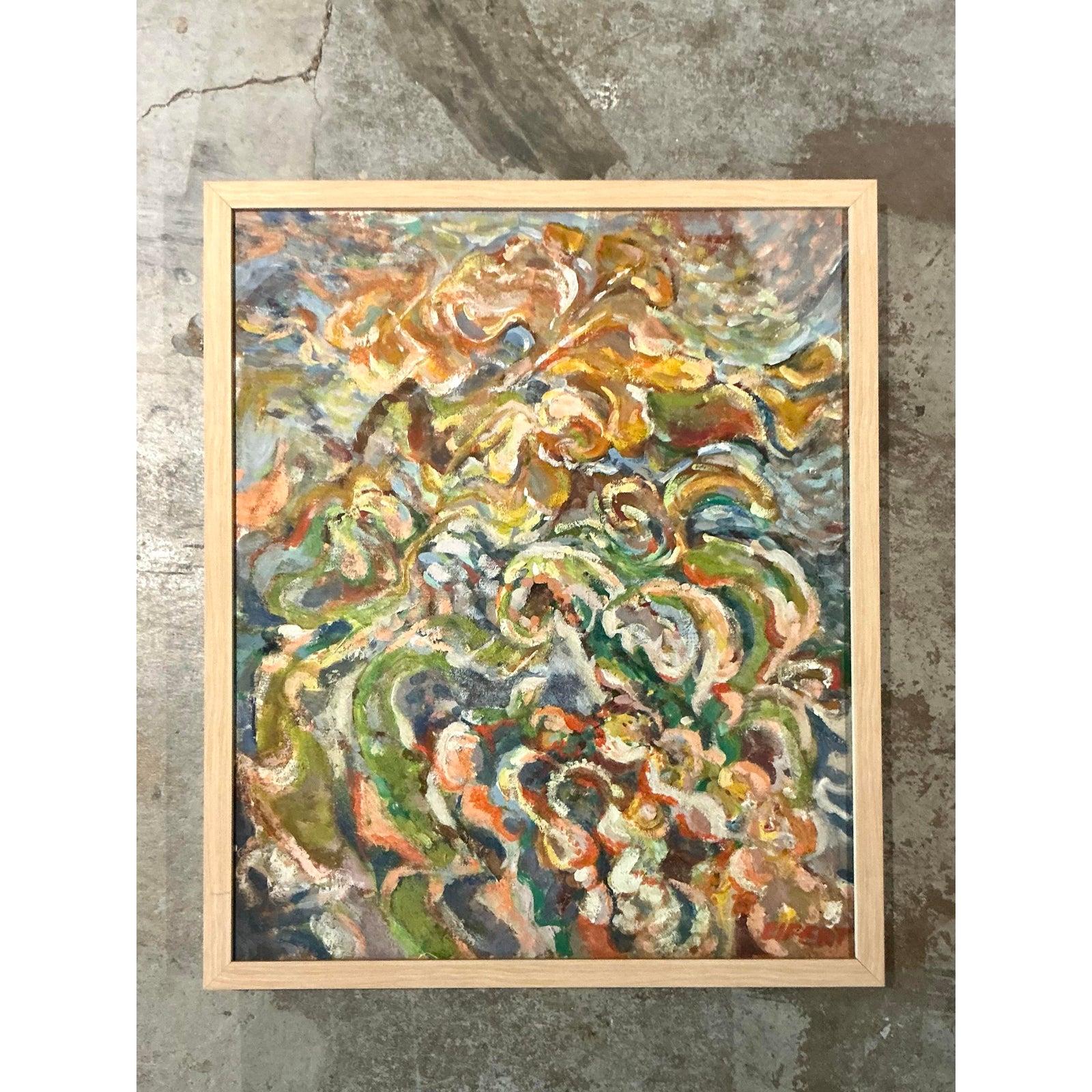 Vintage Boho Original Abstract Oil on Canvas For Sale at 1stDibs