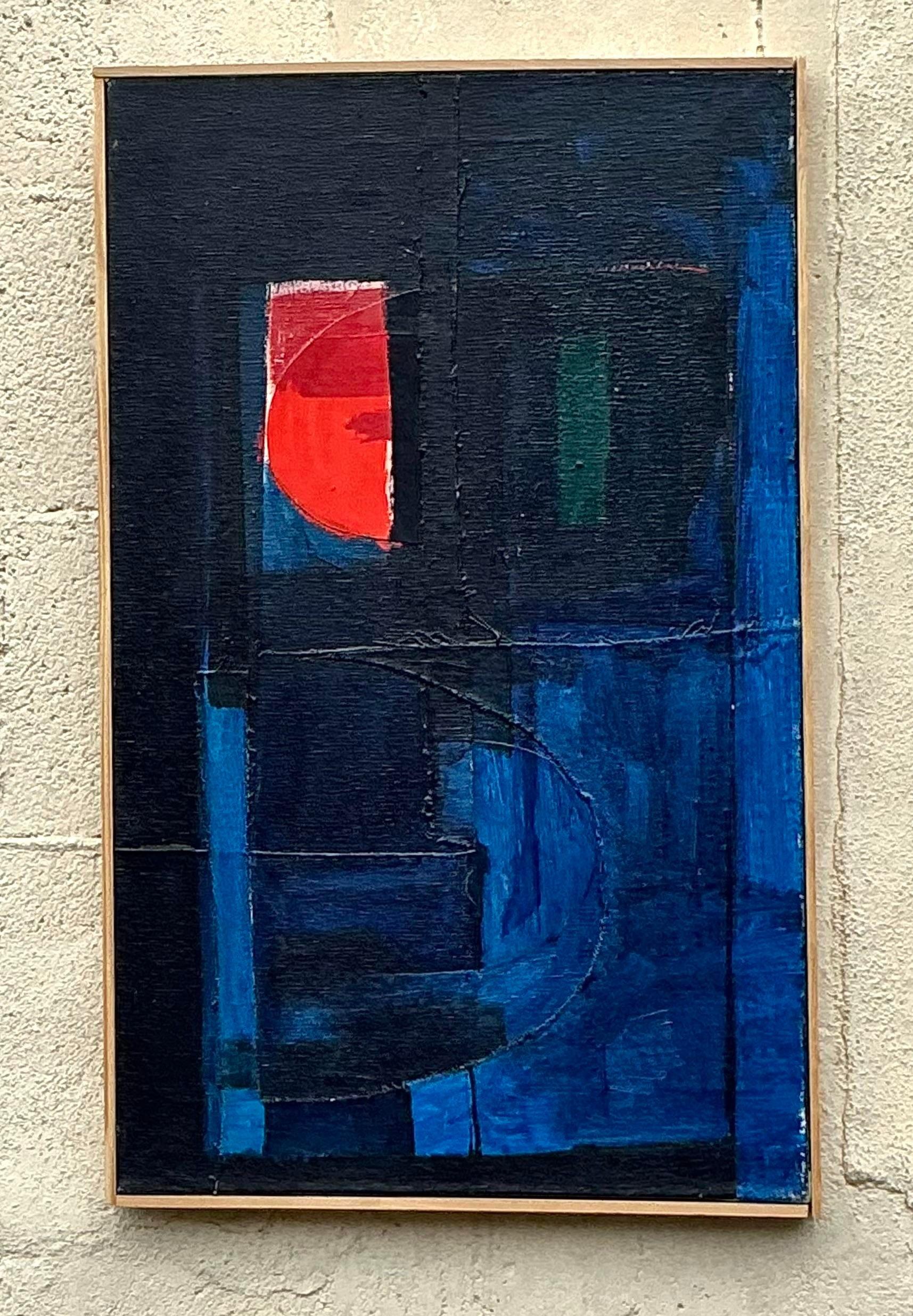 Verleihen Sie Ihrem Raum einen Hauch von künstlerischem Flair mit diesem Vintage Boho Original Abstract Oil on Canvas. Dieses Gemälde eignet sich perfekt für amerikanisch geprägte Innenräume und verkörpert mit seinen kühnen, ausdrucksstarken