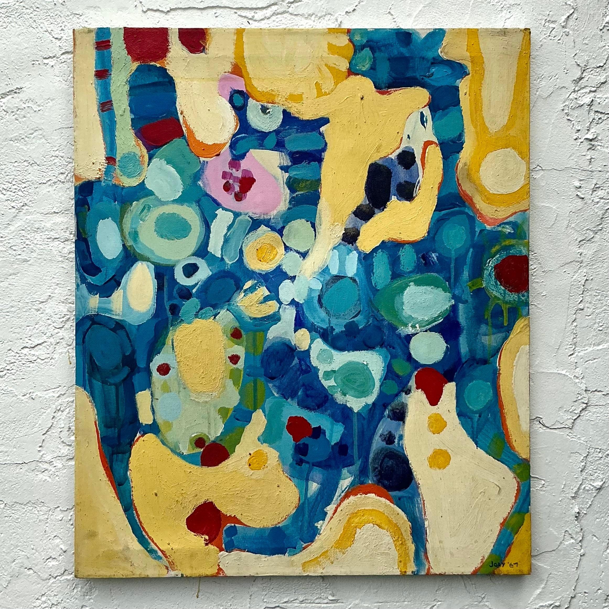 Este vibrante óleo abstracto original boho vintage sobre lienzo plasma una enérgica composición de colores vivos y formas orgánicas. La obra presenta una juguetona mezcla de azules, amarillos y rojos, creando una pieza visualmente impactante que