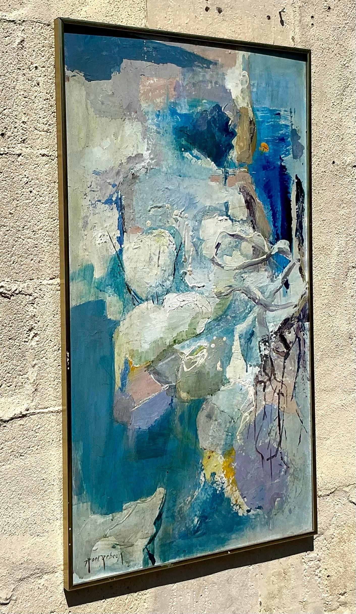 Setzen Sie ein kühnes Statement mit diesem Vintage Boho Original Abstract Oil on Canvas. Mit seinen leuchtenden Farben und dynamischen Pinselstrichen verkörpert dieses einzigartige Kunstwerk die freigeistige Energie des Boho-Stils. Das abstrakte