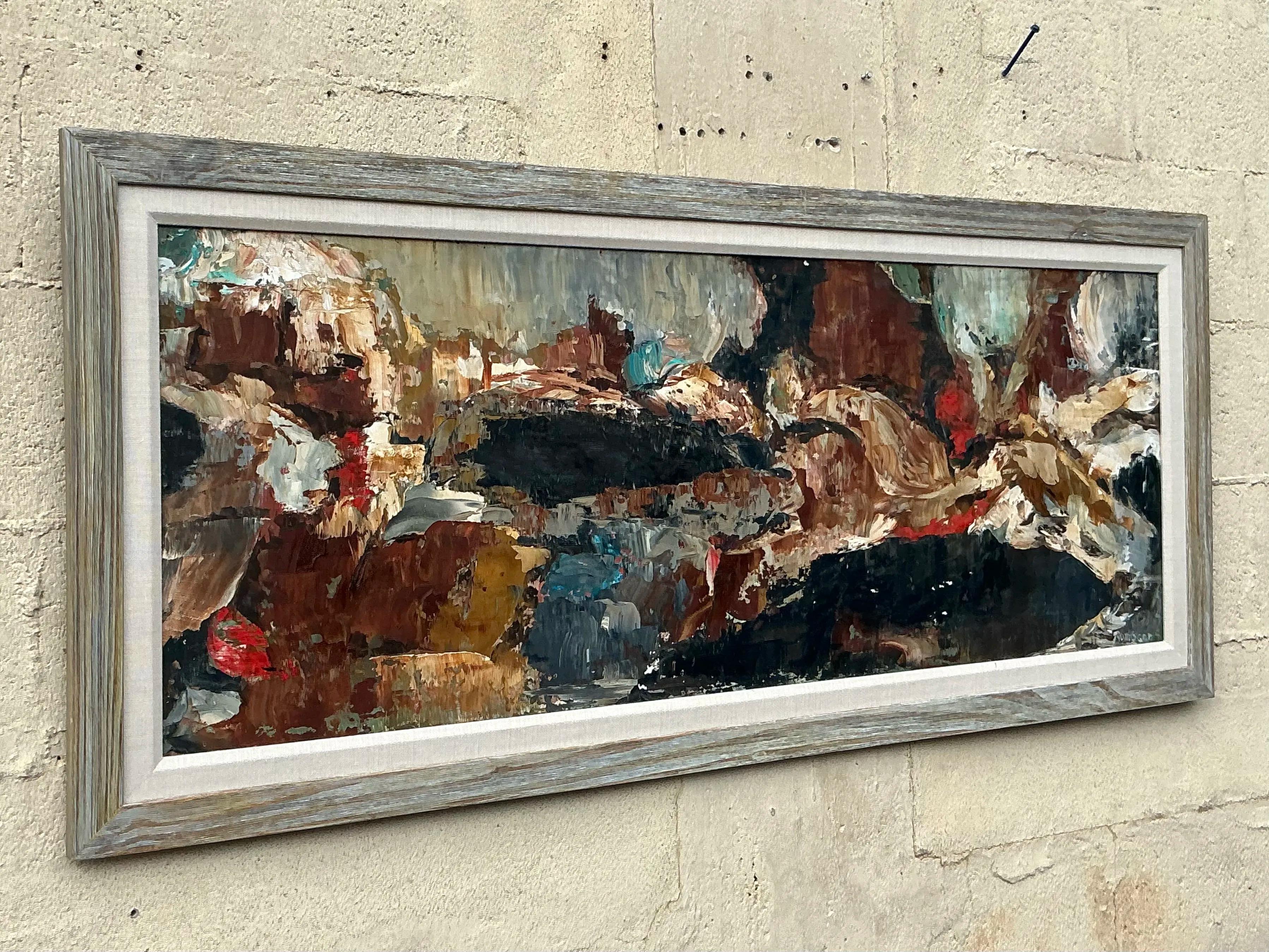 Verleihen Sie Ihrem Raum ein kühnes, künstlerisches Statement mit diesem Vintage Boho Original Abstract Oil On Canvas. Mit seinen dynamischen Pinselstrichen und einer reichen Farbpalette strahlt dieses Werk Energie und Kreativität aus und fängt die