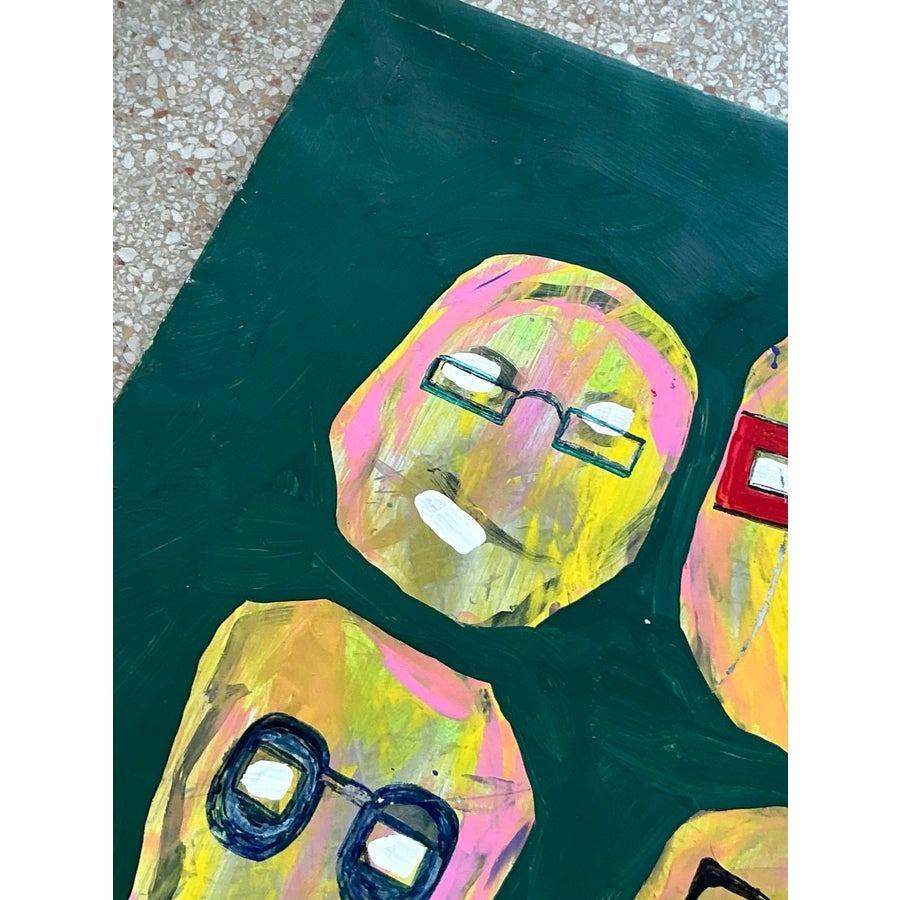 Este vibrante óleo abstracto vintage irradia personalidad y talento creativo con su juguetona representación de rostros expresivos sobre un atrevido fondo verde. El uso de colores brillantes y contrastados y los rasgos dibujados a mano desprenden un
