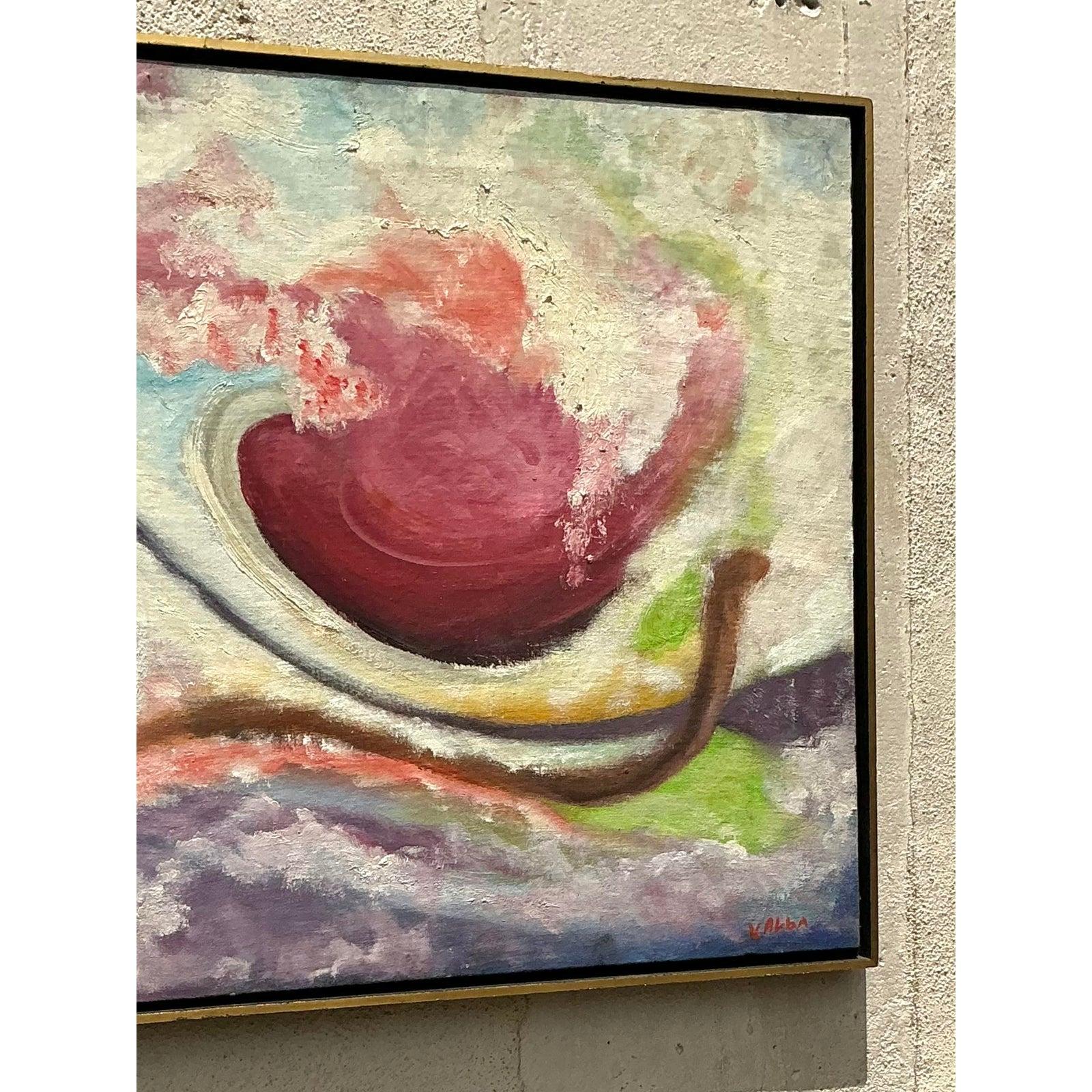 Dieses fesselnde abstrakte Ölgemälde im Boho-Stil im Vintage-Stil, ein Original auf Leinwand, das ausdrucksstarke Bewegungen mit satten, erdigen Farbtönen verbindet, verleiht Ihrem Raum kreative Energie. Kräftige Wirbel aus Karminrot, Ocker und