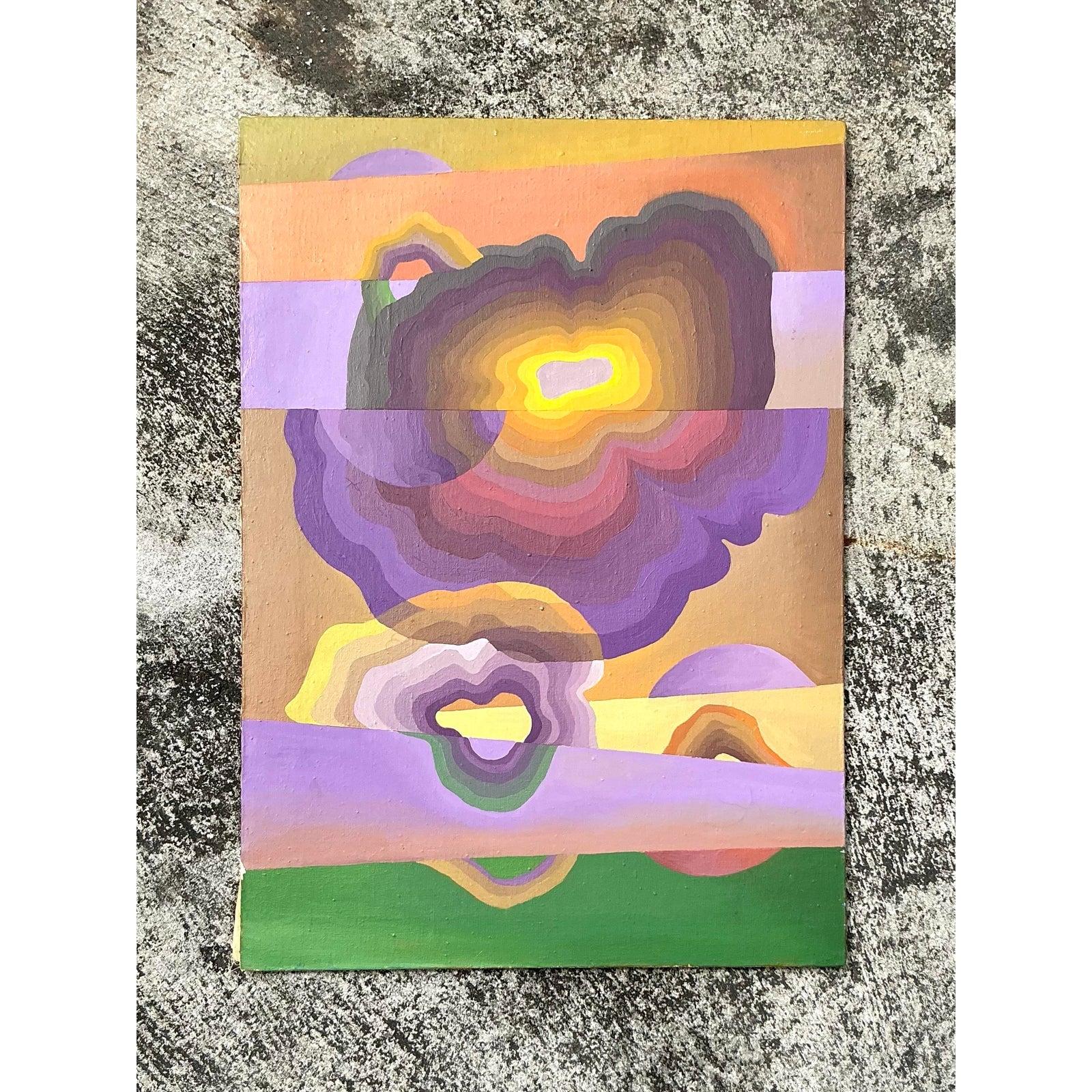 Dieses Vintage-Ölgemälde im Boho-Stil ist ein faszinierendes Fest der Farben und Formen und lädt das Auge dazu ein, die kühnen, geschichteten Wirbel in lebhaften Sonnenuntergangstönen zu erkunden. Das von Hand gemalte Kunstwerk im hypnotischen