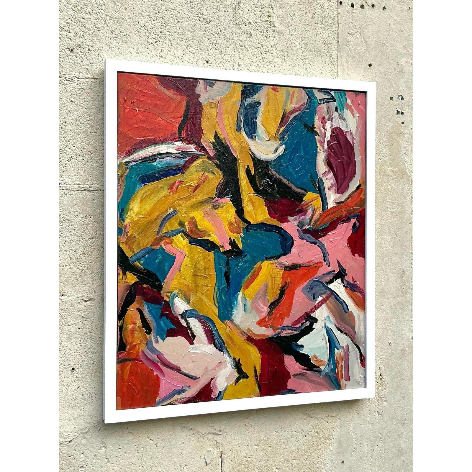 Dieses abstrakte Original-Ölgemälde im Vintage-Stil strotzt nur so vor dynamischer Energie und besticht durch eine rhythmische Komposition aus satten Farben und ausdrucksstarker Textur. Feurige Rottöne, satte Ockertöne, tiefe Türkistöne und sanfte