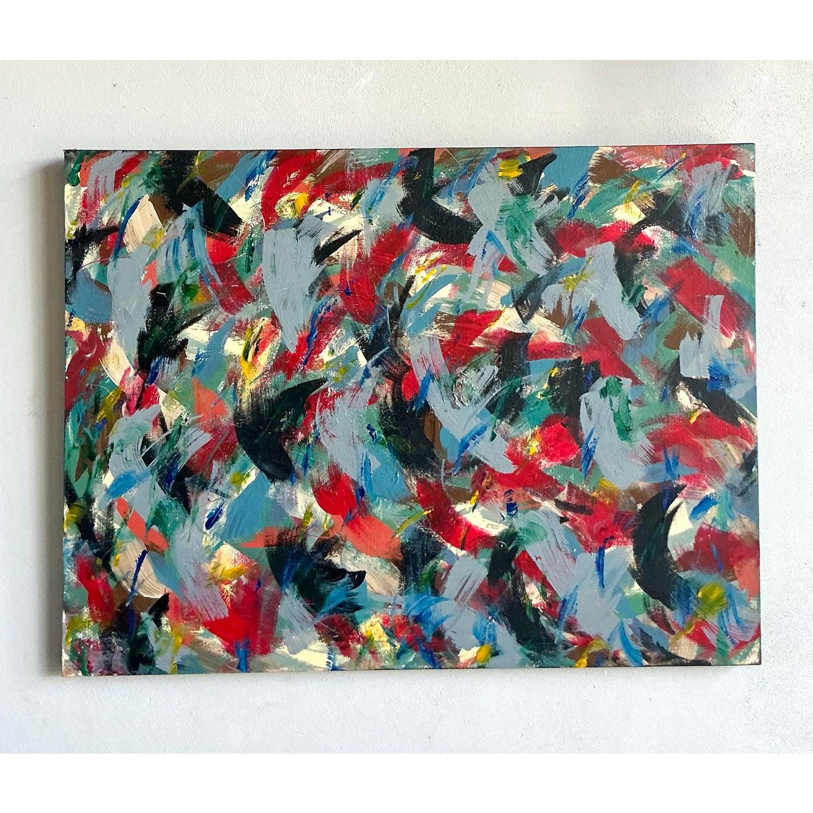 Tauchen Sie Ihren Raum in lebendige Energie mit diesem fesselnden abstrakten Ölgemälde im Vintage-Stil auf Leinwand. Dieses Stück verkörpert die temperamentvolle Essenz des Boho Chic und der Mid-Century Modern Artistry, mit einer dynamischen
