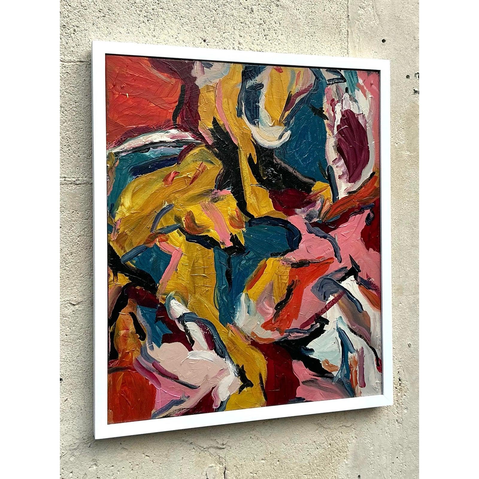 Vintage Boho Original Abstraktes Ölgemälde auf Leinwand, Vintage (Moderne der Mitte des Jahrhunderts) im Angebot