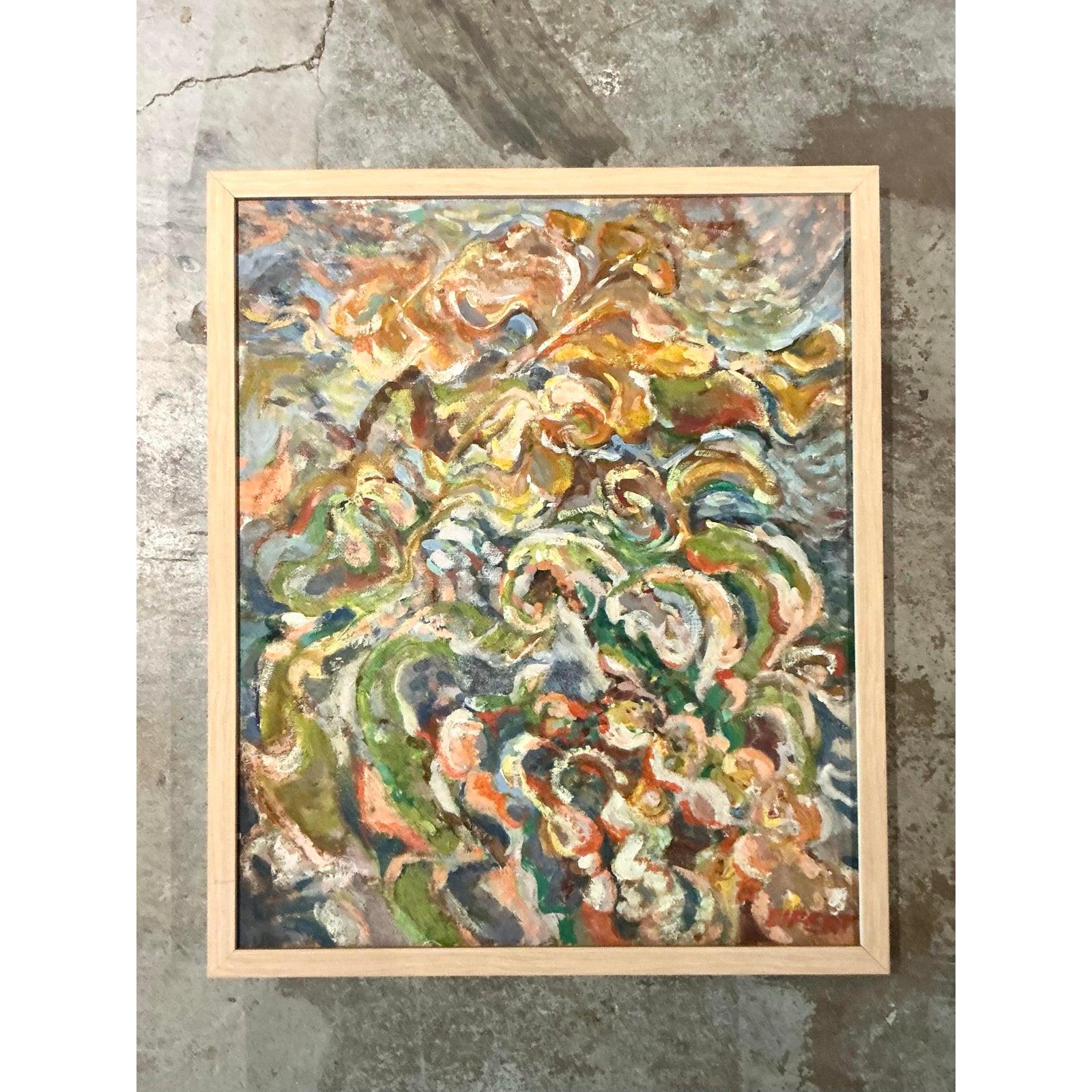 Vintage Boho Original Abstract Oil on Canvas For Sale at 1stDibs