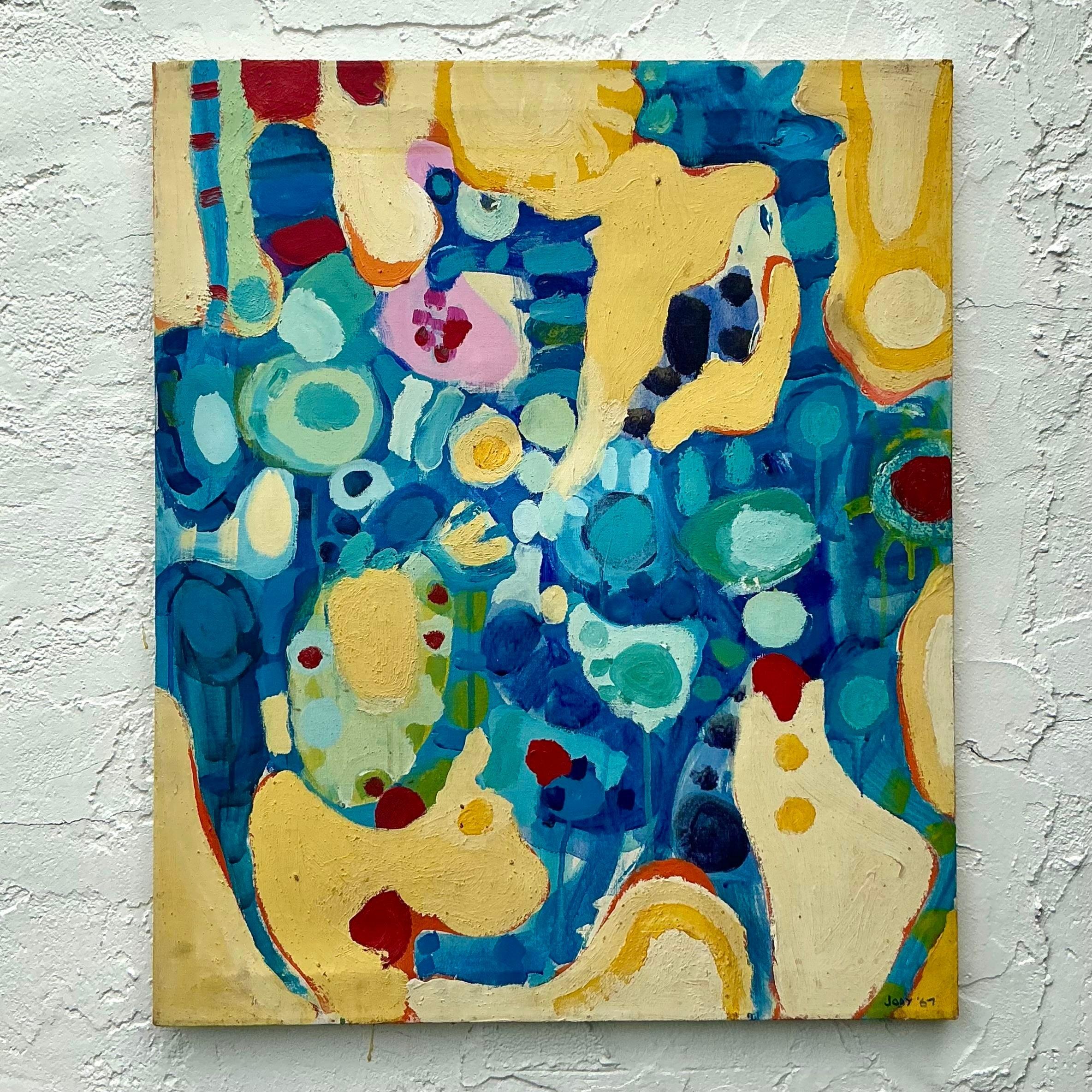 Óleo sobre lienzo Vintage Boho Original Abstracto en Bueno estado para la venta en west palm beach, FL
