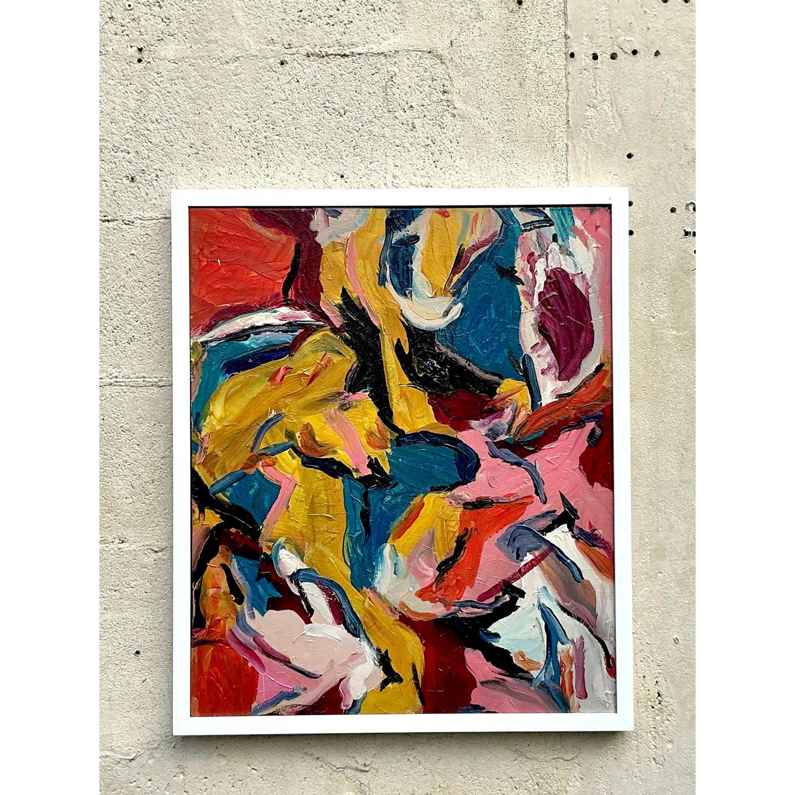 Vintage Boho Original Abstraktes Ölgemälde auf Leinwand, Vintage (amerikanisch) im Angebot