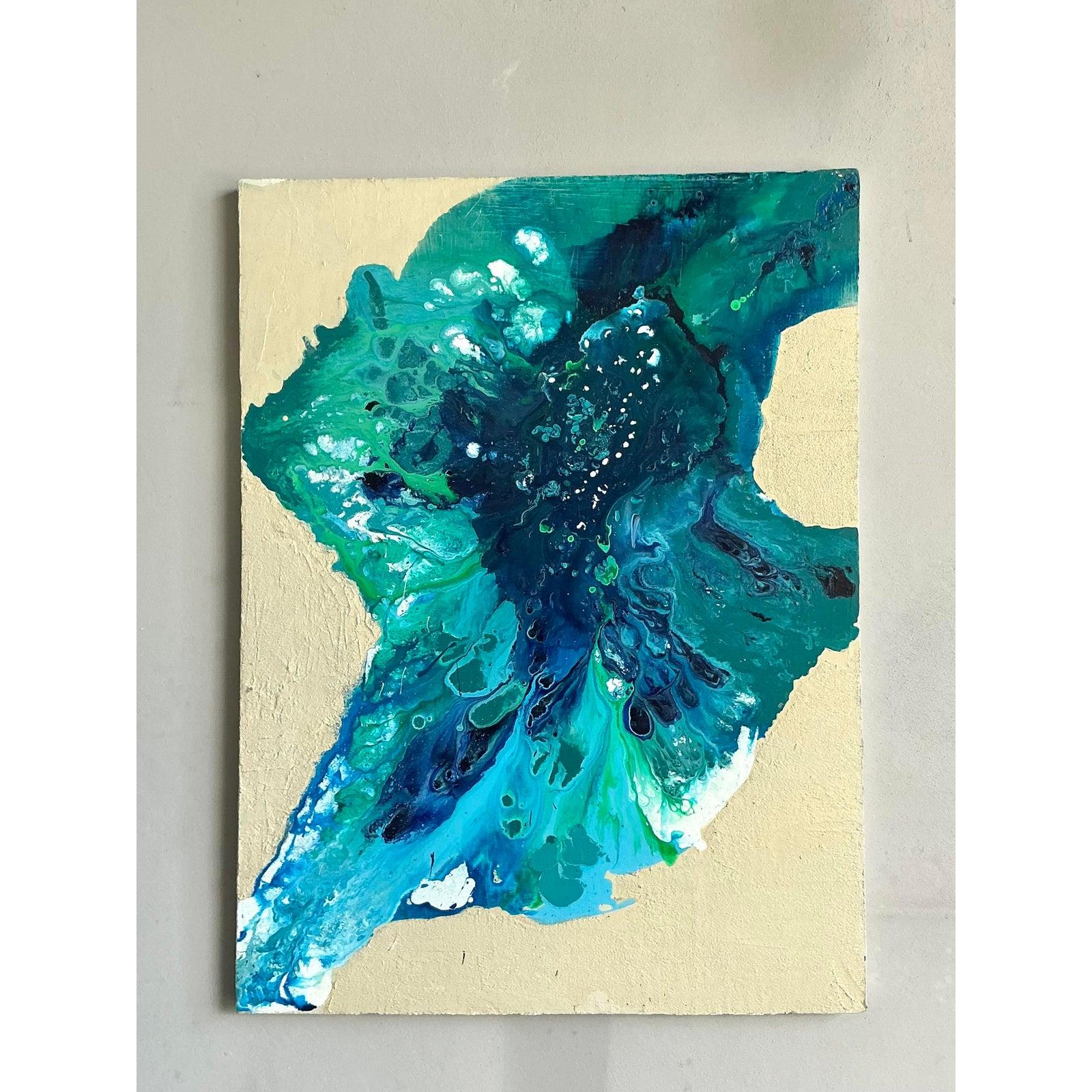 Vintage Boho Original Abstraktes �Ölgemälde auf Leinwand, Vintage im Zustand „Gut“ im Angebot in West Palm Beach, FL