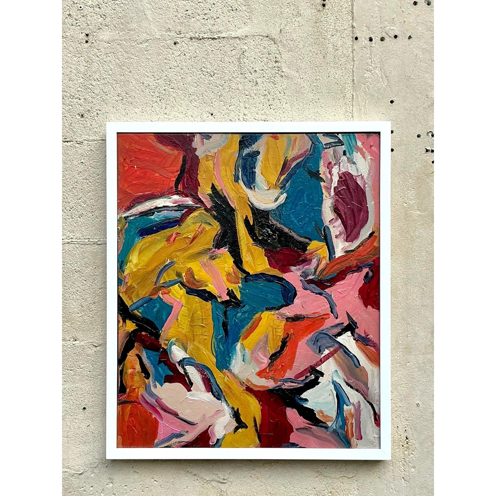 Vintage Boho Original Abstraktes Ölgemälde auf Leinwand, Vintage im Zustand „Gut“ im Angebot in west palm beach, FL