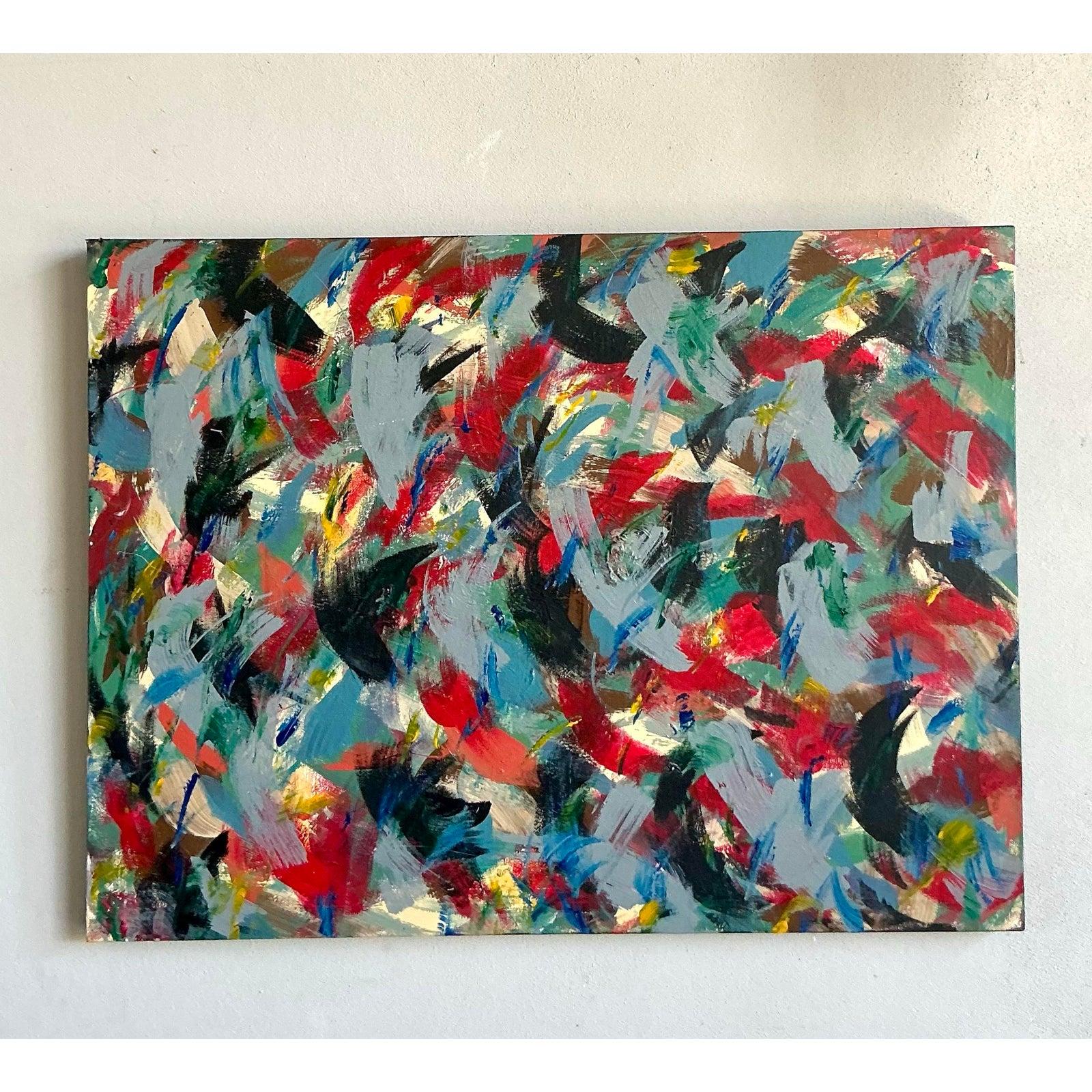 Vintage Boho Original Abstraktes Ölgemälde auf Leinwand, Vintage im Zustand „Gut“ im Angebot in West Palm Beach, FL