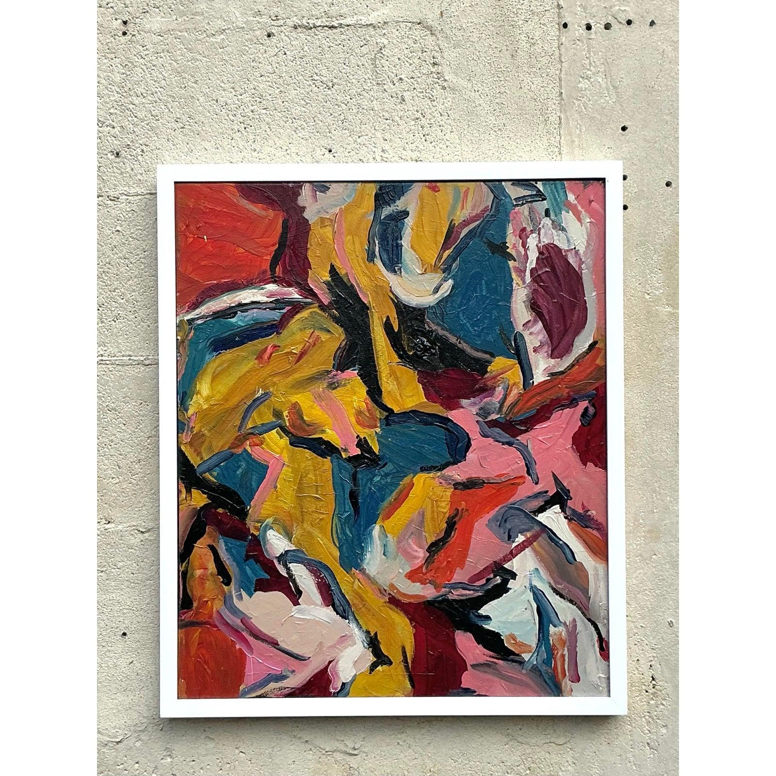 Vintage Boho Original Abstraktes Ölgemälde auf Leinwand, Vintage (20. Jahrhundert) im Angebot