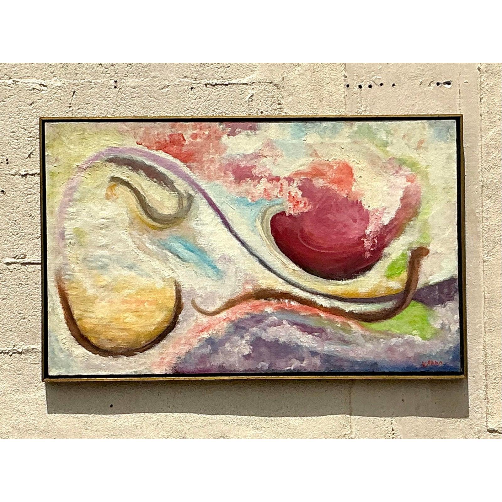 Vintage Boho Original Abstraktes Ölgemälde auf Leinwand, Vintage im Angebot 1
