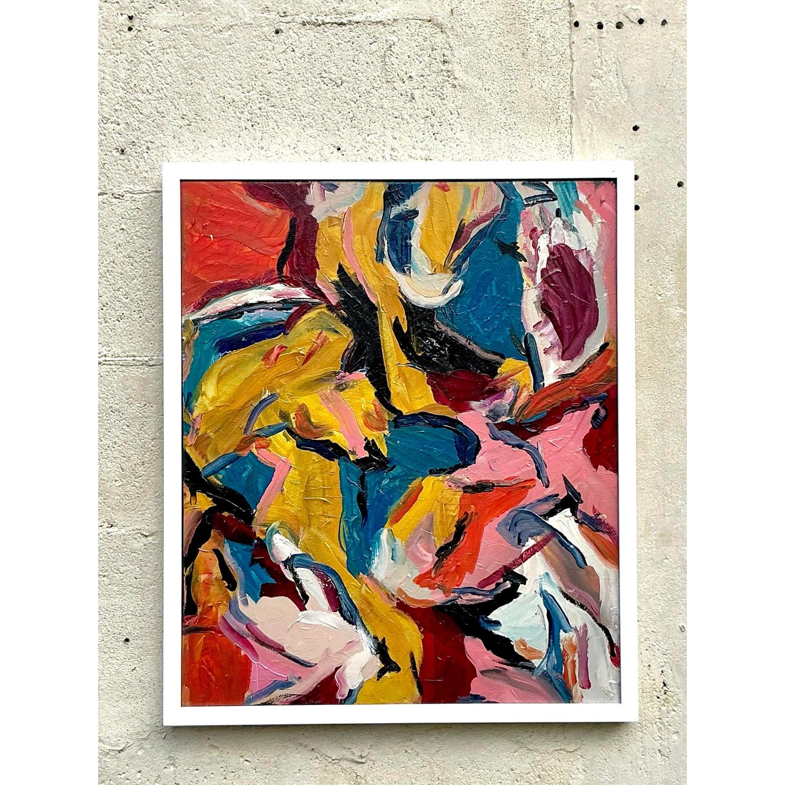 Vintage Boho Original Abstraktes Ölgemälde auf Leinwand, Vintage im Angebot 1