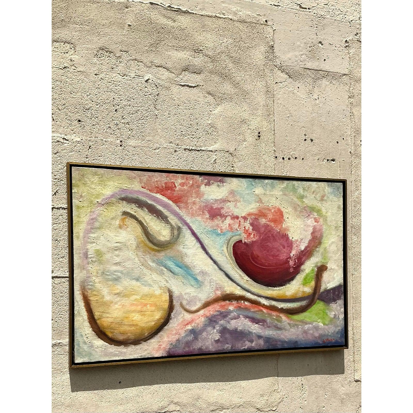 Vintage Boho Original Abstraktes Ölgemälde auf Leinwand, Vintage im Angebot 2