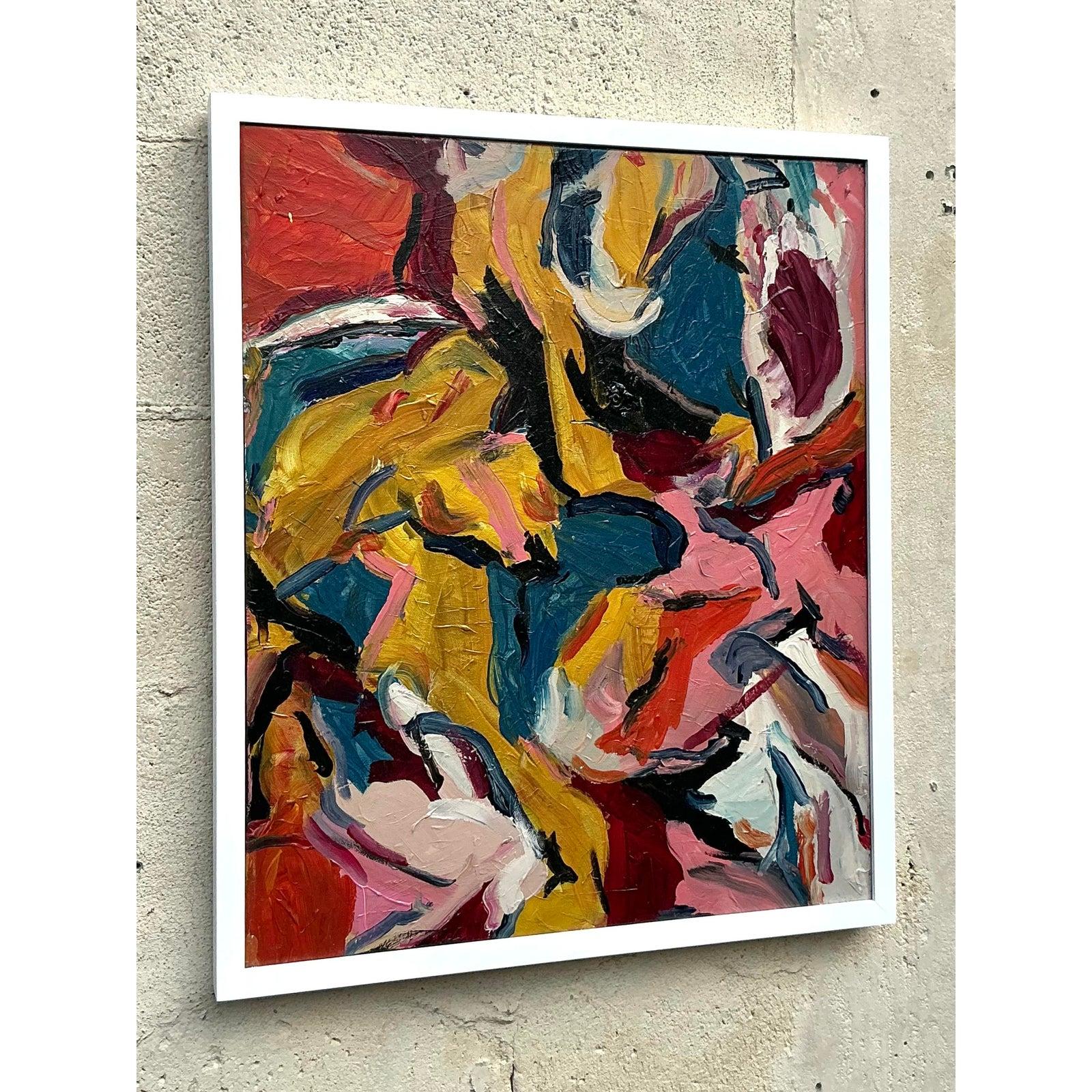 Vintage Boho Original Abstraktes Ölgemälde auf Leinwand, Vintage im Angebot 2