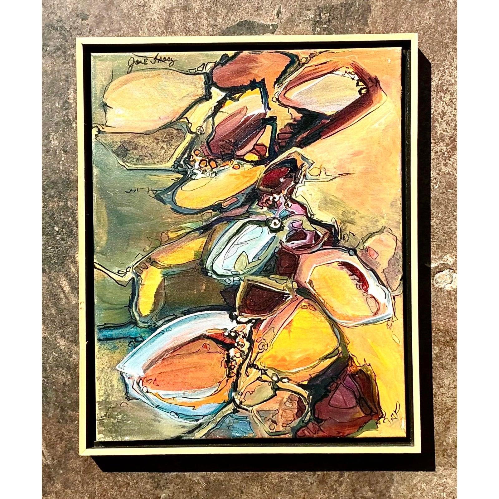 Vintage Boho Original Abstract Oil on Canvas For Sale at 1stDibs