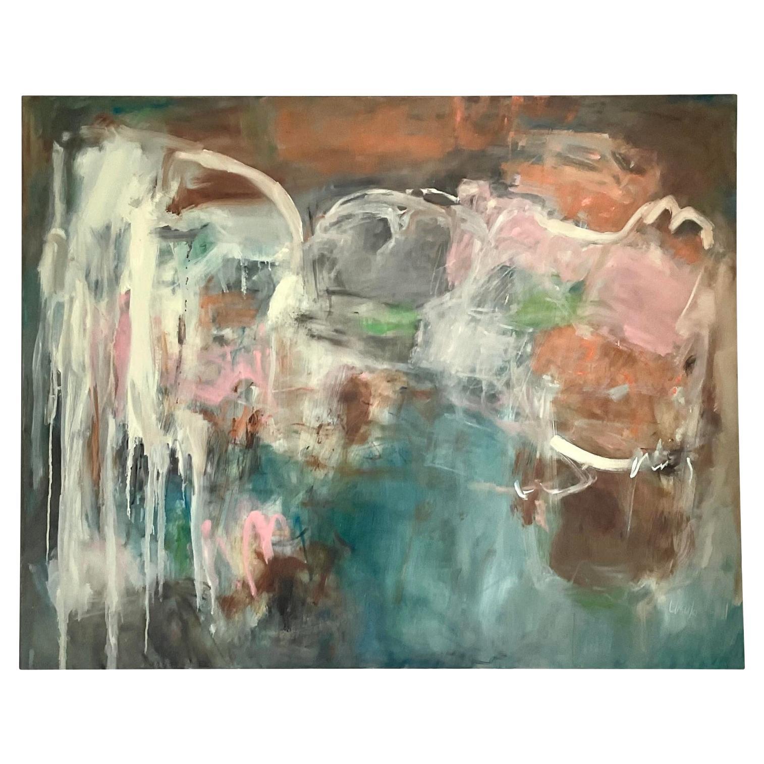 Vintage Boho Original Abstraktes Ölgemälde auf Leinwand, Vintage