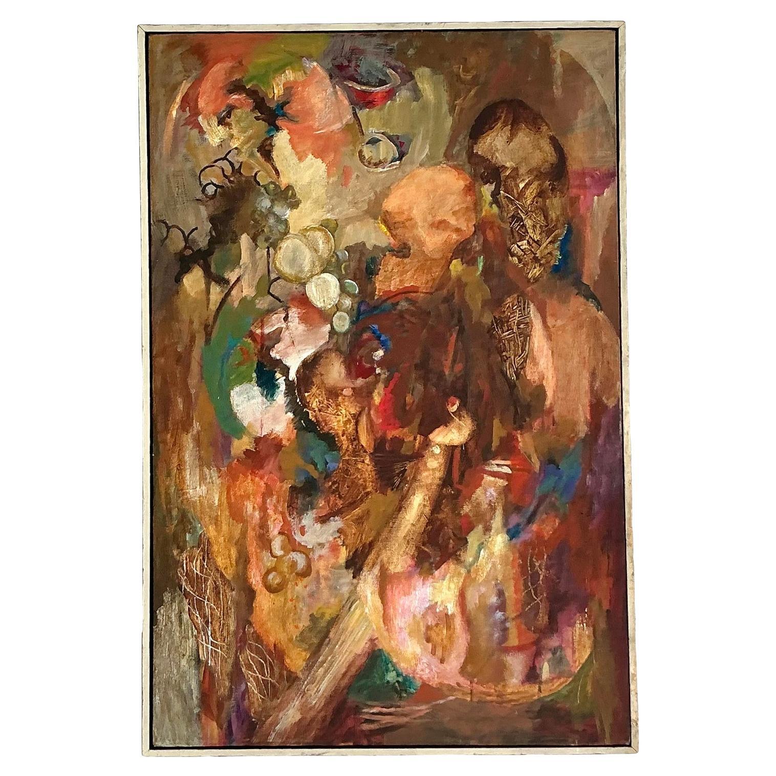 Vintage Boho Original Abstraktes Ölgemälde auf Leinwand, Vintage