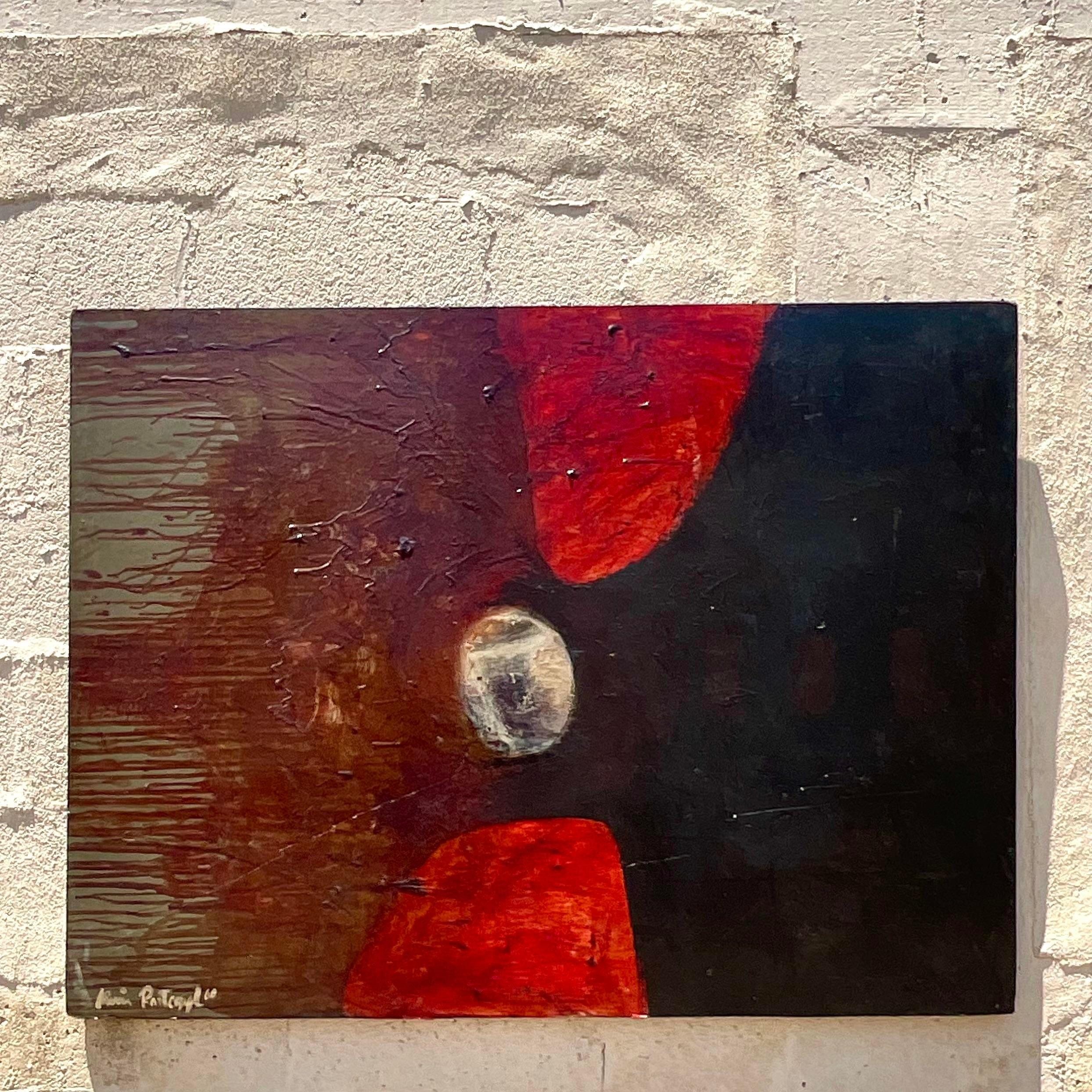 Plongez dans la créativité vibrante du style bohème américain avec notre œuvre d'art Vintage Original Abstract Oil on Board. Infusée de couleurs audacieuses et de textures dynamiques, cette pièce capture l'essence de la liberté et de l'expression,